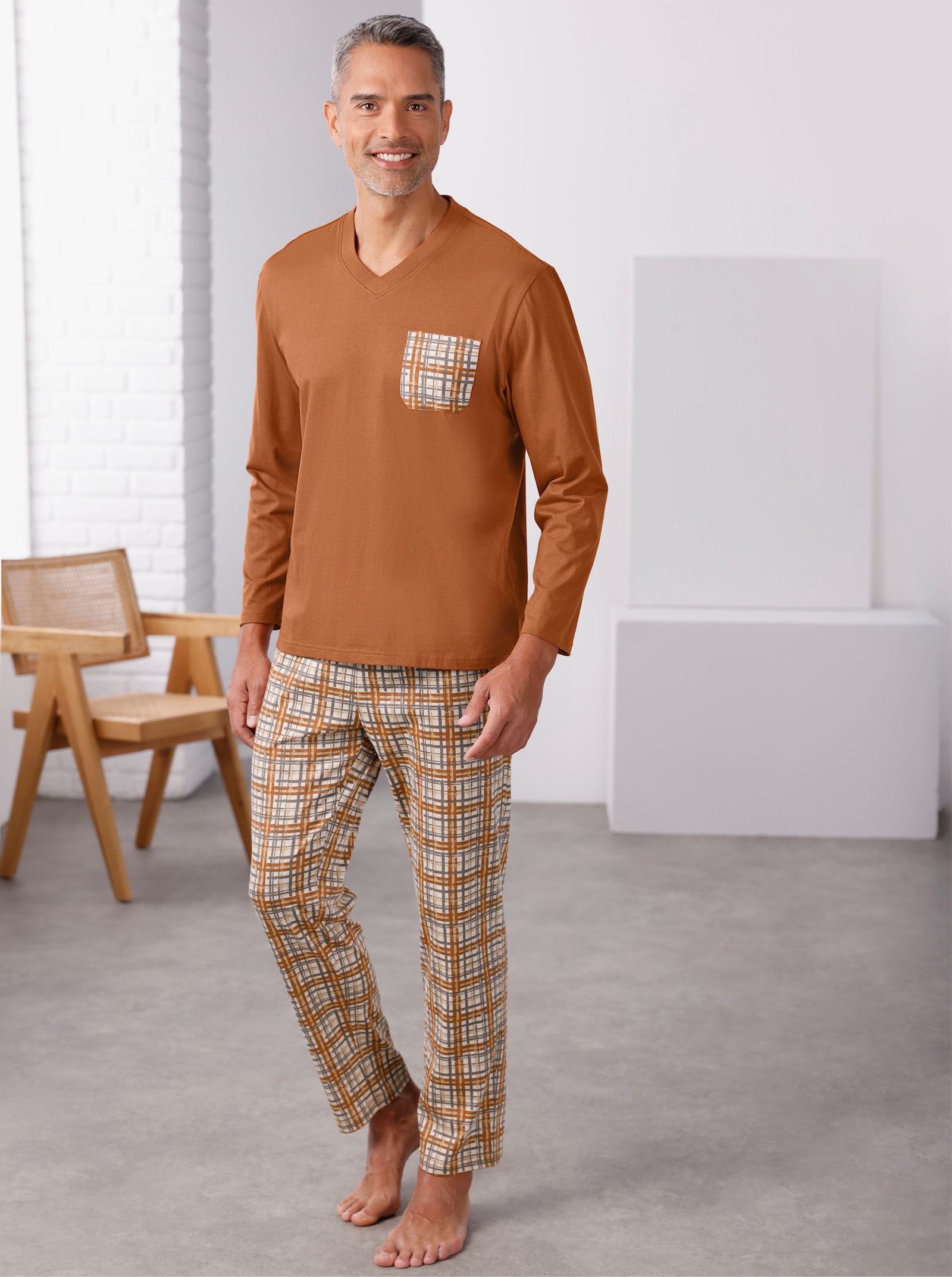 Pyjama met ruitprint - cognac geprint