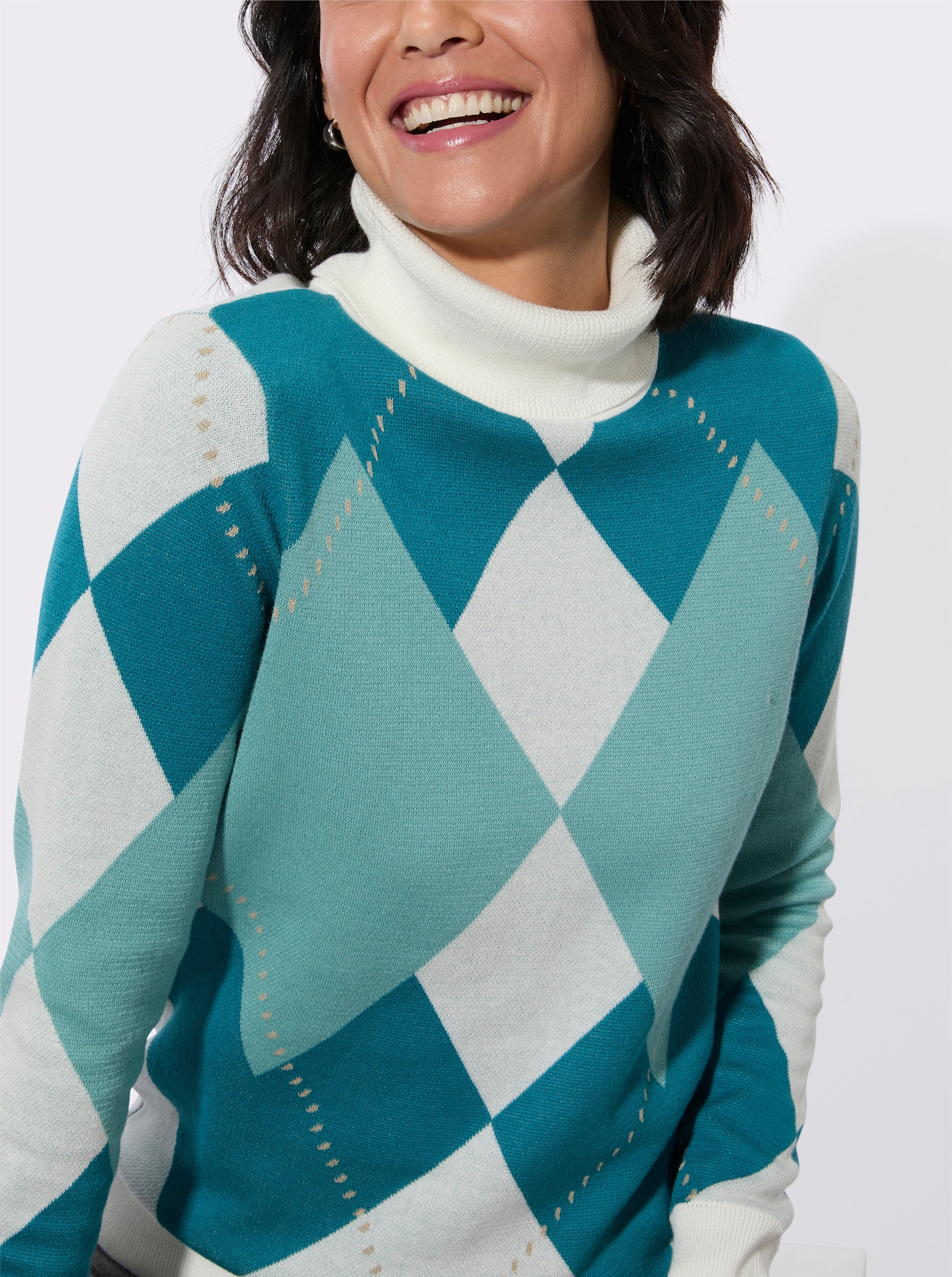 Rollkragenpullover mit Jacquard-Muster - aquapetrol-ecru