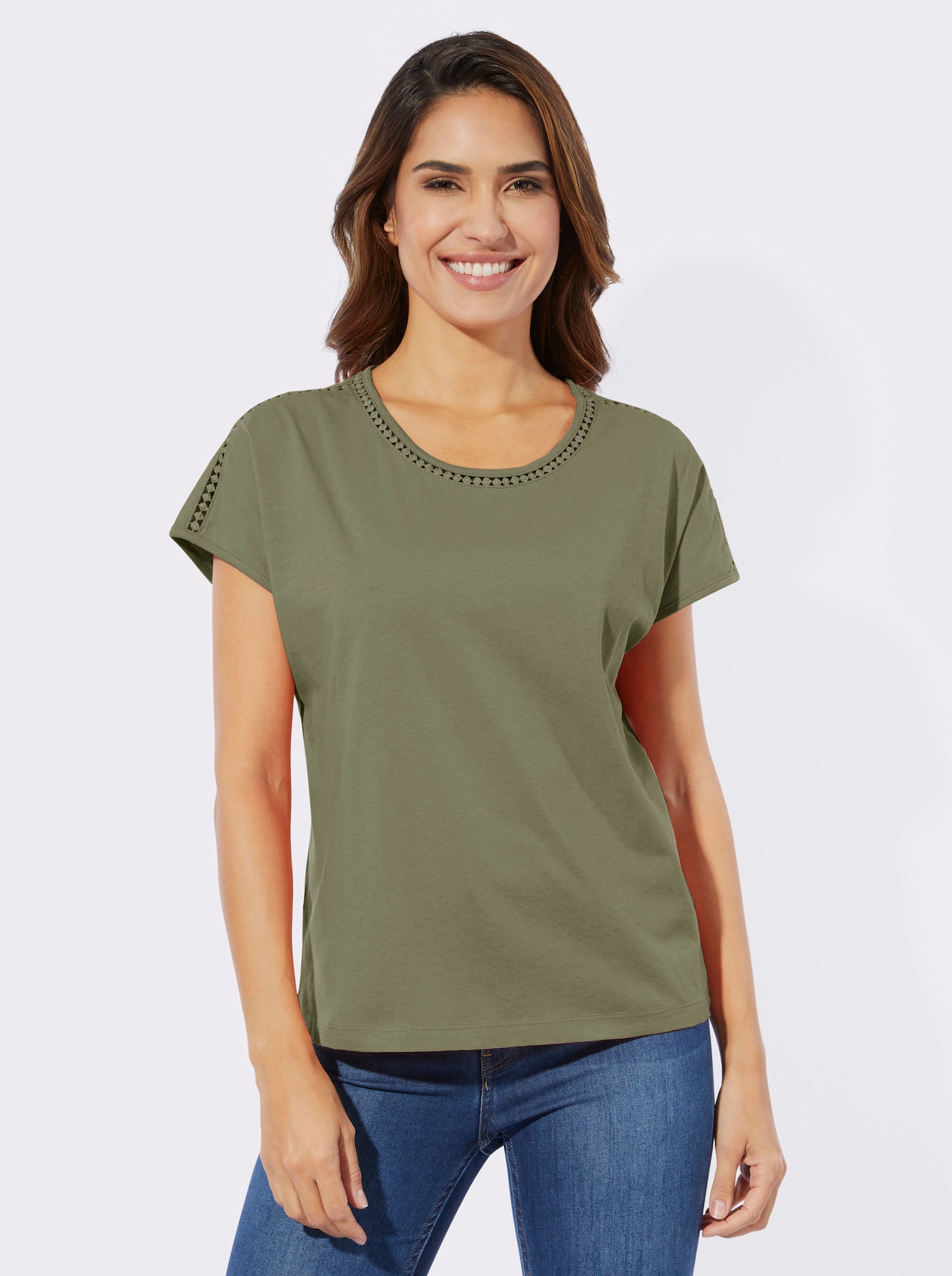 Shirt met korte mouwen en gehaakt kant - kaki