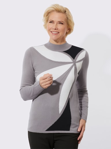 Stehkragenpullover mit Intarsienmuster - steingrau-ecru-gemustert