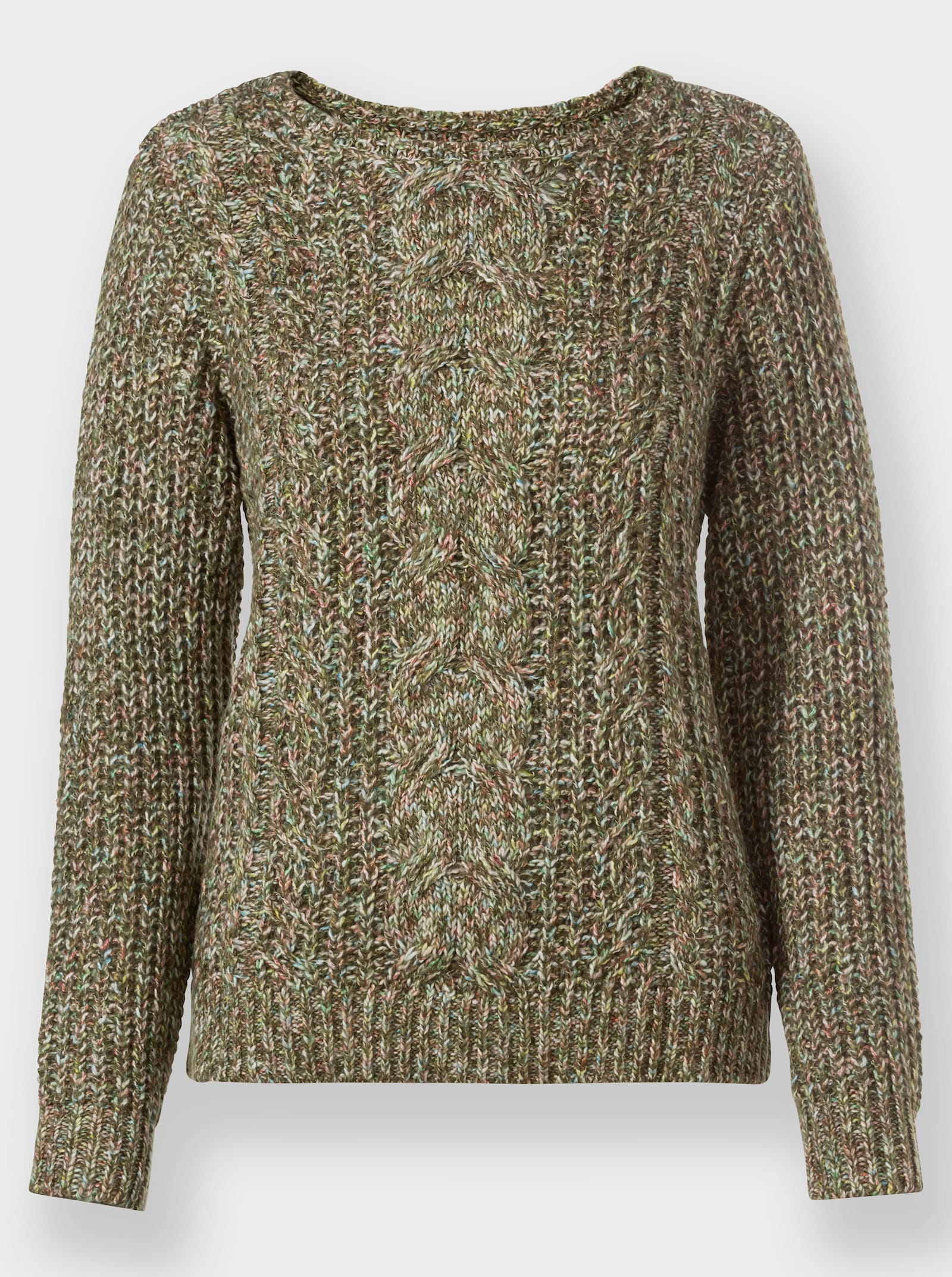 Langarm-Pullover mit Zopfmuster vorne - schilf-meliert