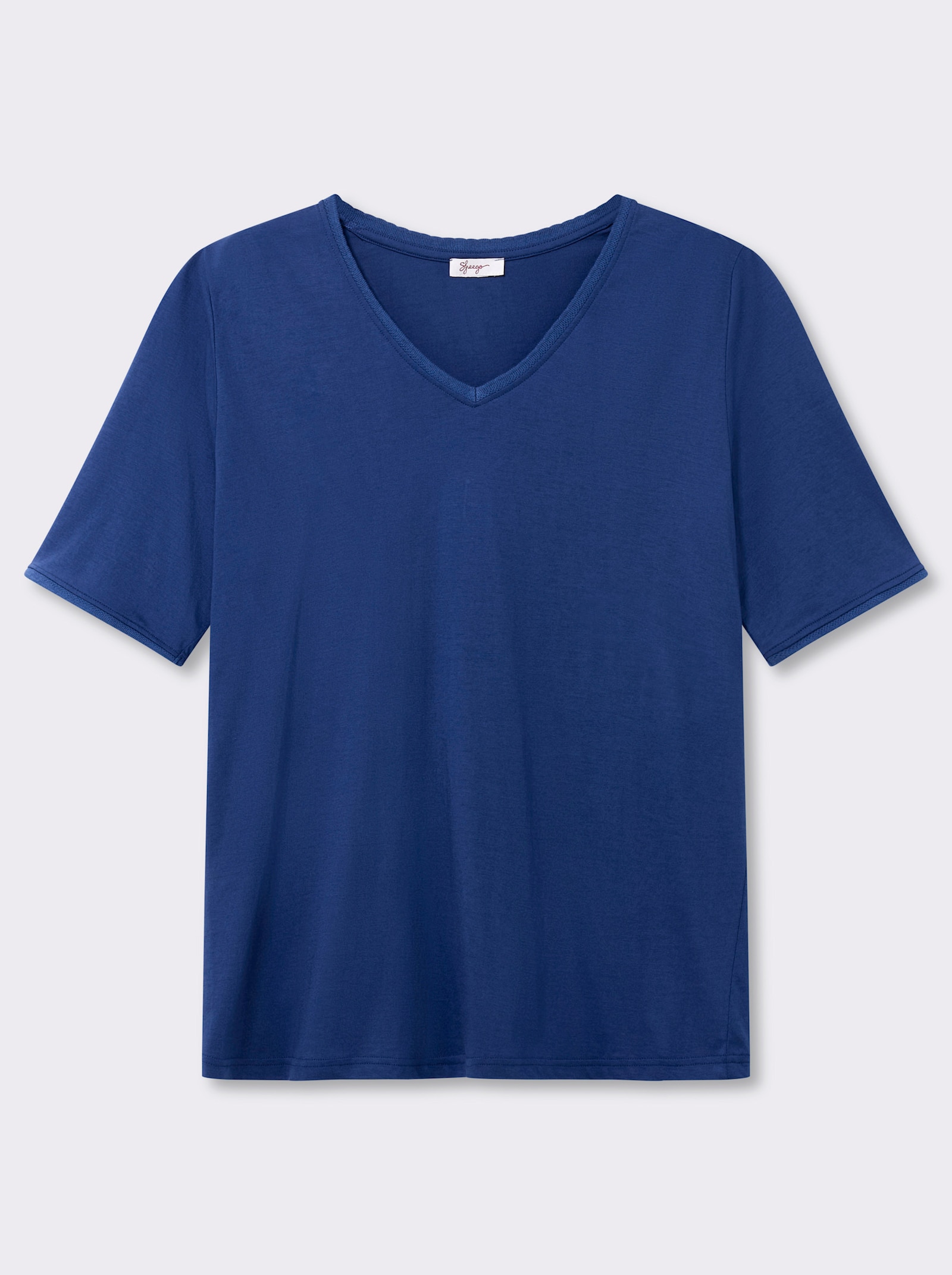 sheego V-Shirt mit Ajourband an Ausschnitt und Ärmeln - royalblau