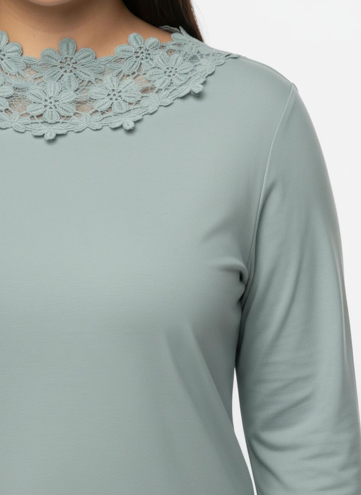 3/4-Arm-Shirt mit transparenter Blüten-Spitze - kalkmint