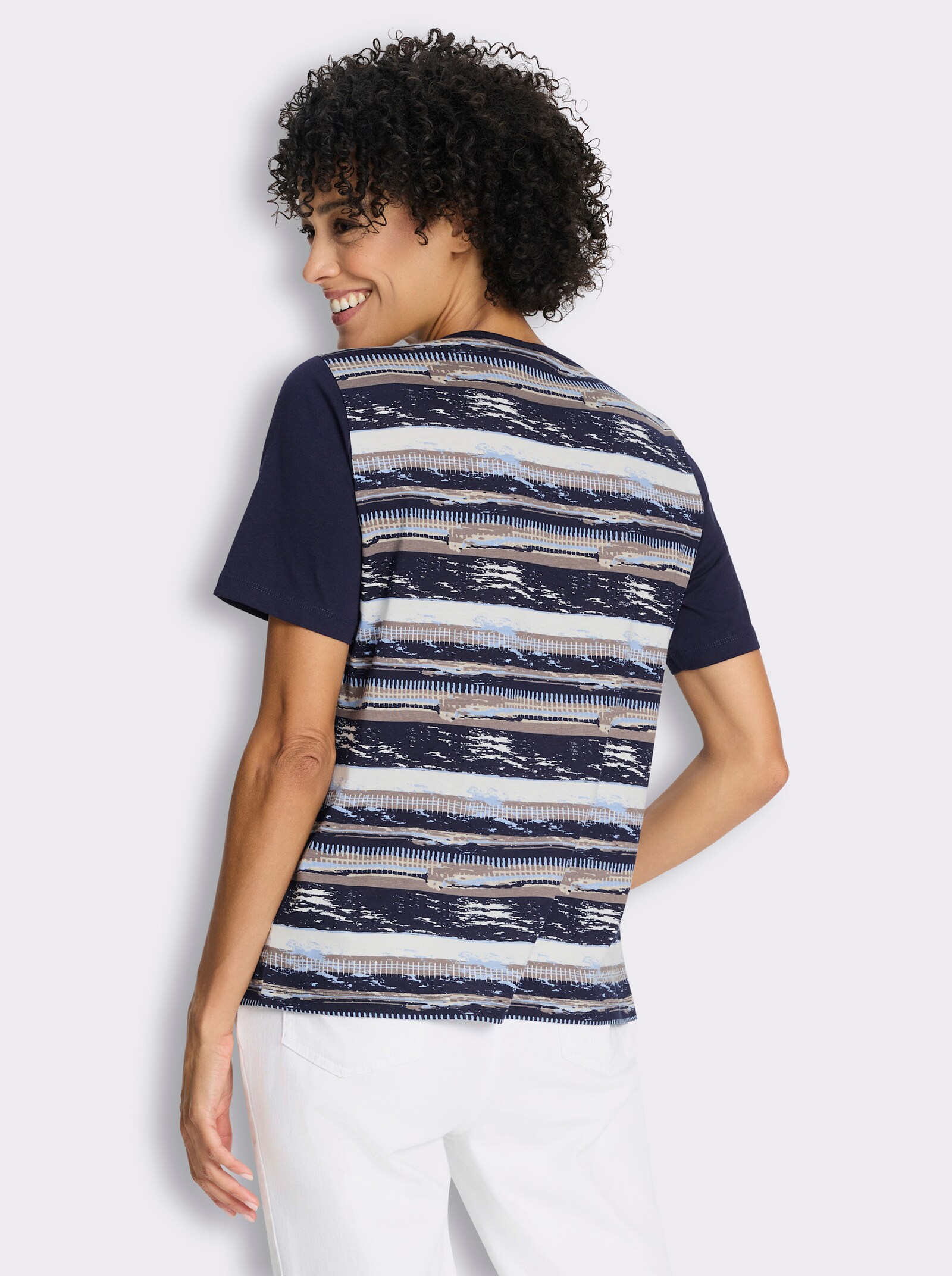 Kurzarmshirt im modischen Streifenmuster - marine-bedruckt