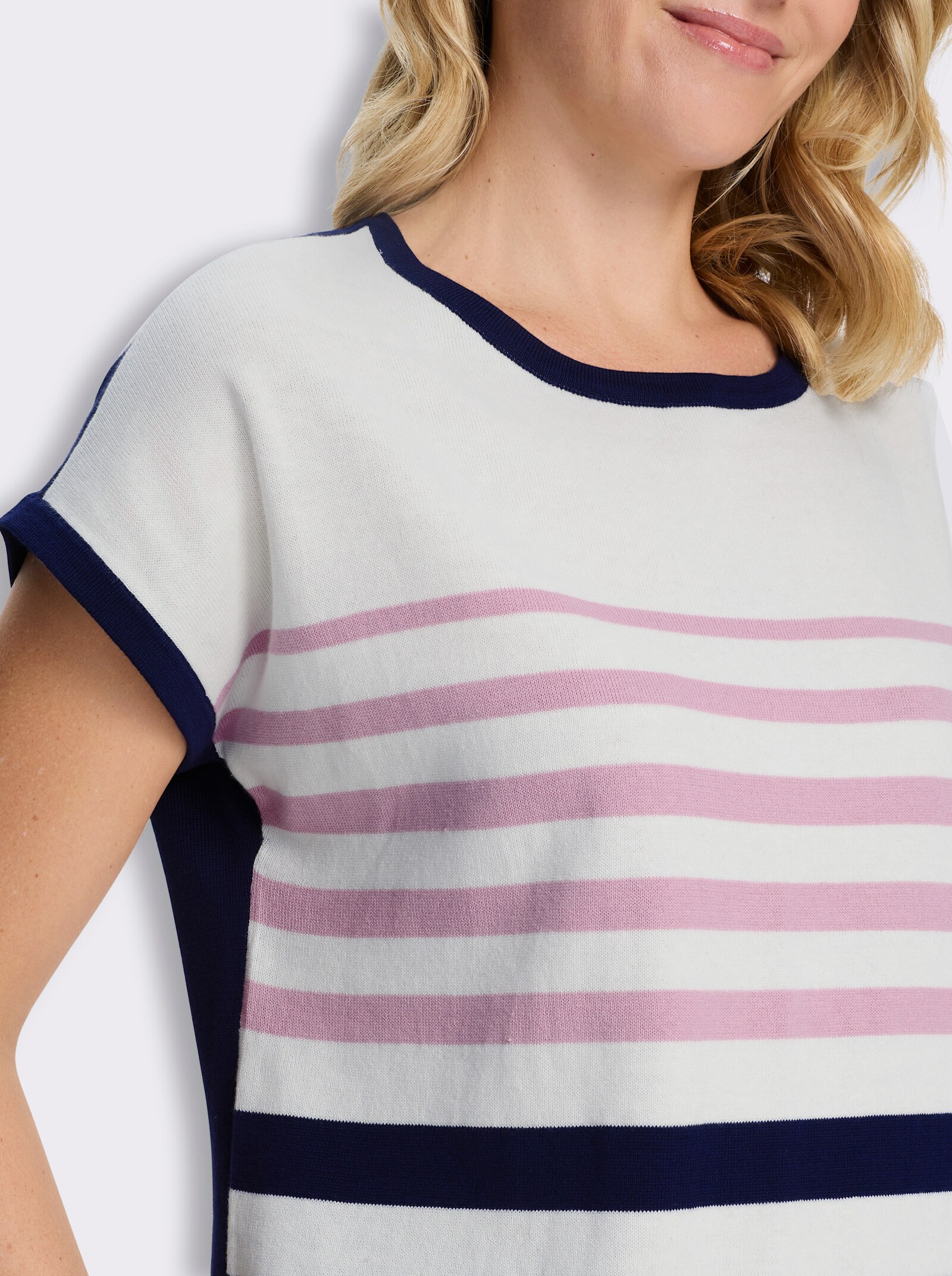 Kurzarmpullover aus reiner Baumwolle, gestreift - rosé-marine-geringelt