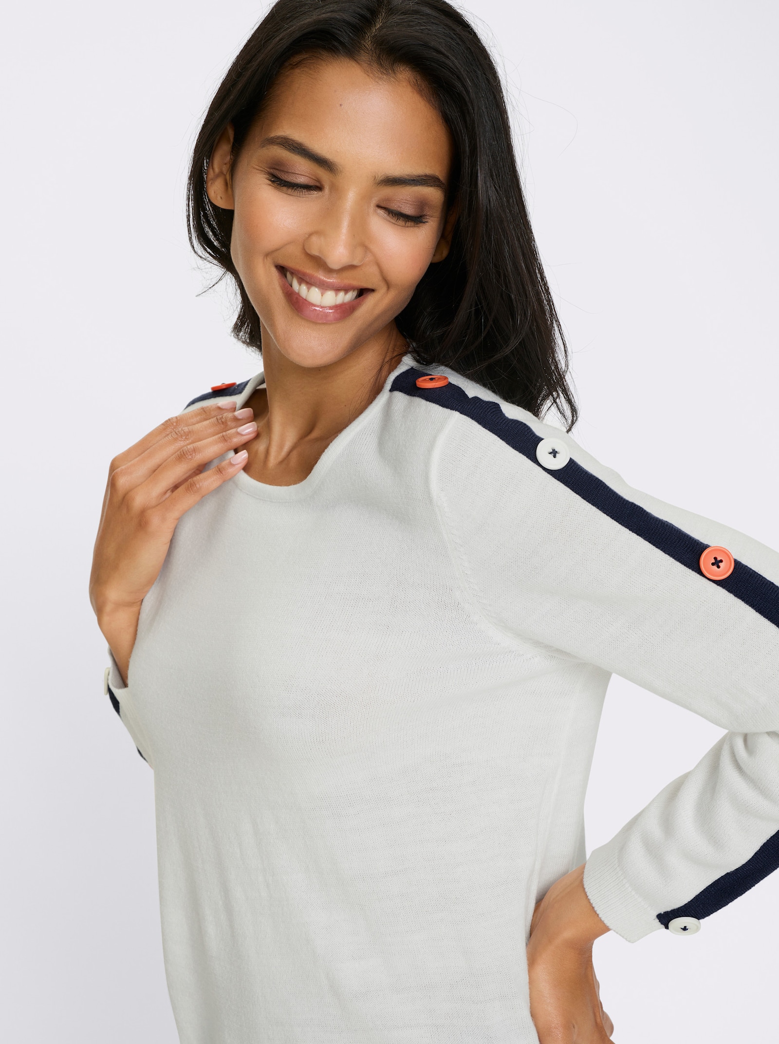 Lange pullover met contrastkleurige strepen - wit/marine