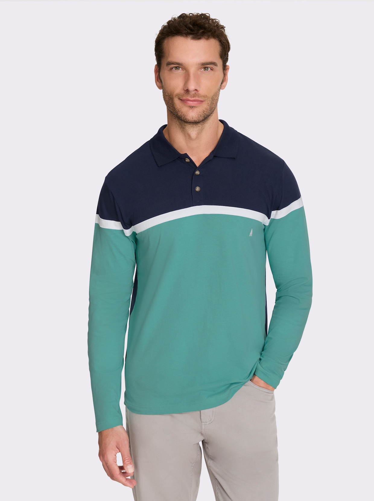 Catamaran Langarm-Poloshirt im Colour Blocking-Dessin - marine-salbei
