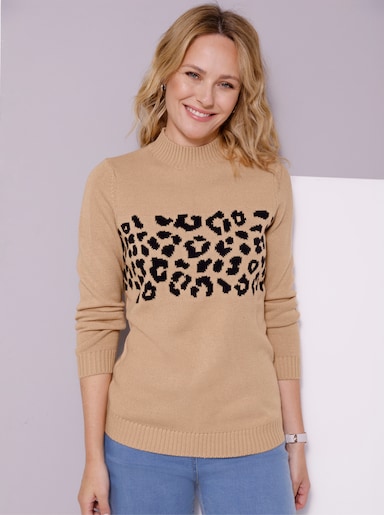 Stehkragenpullover im Animal-Dessin - camel-schwarz