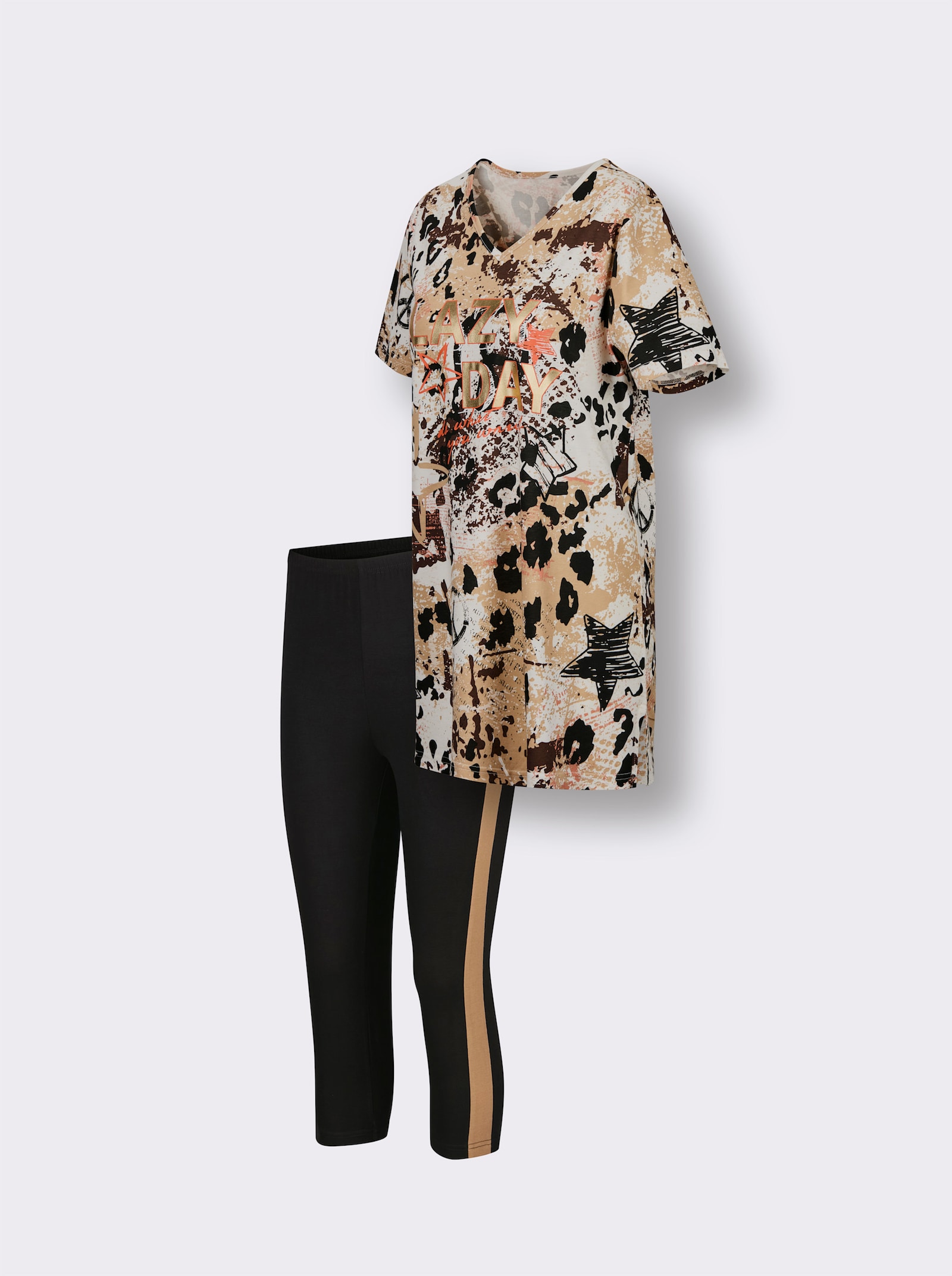 wäschepur Capri-Schlafanzug mit Glanz-Details - camel-schwarz-bedruckt