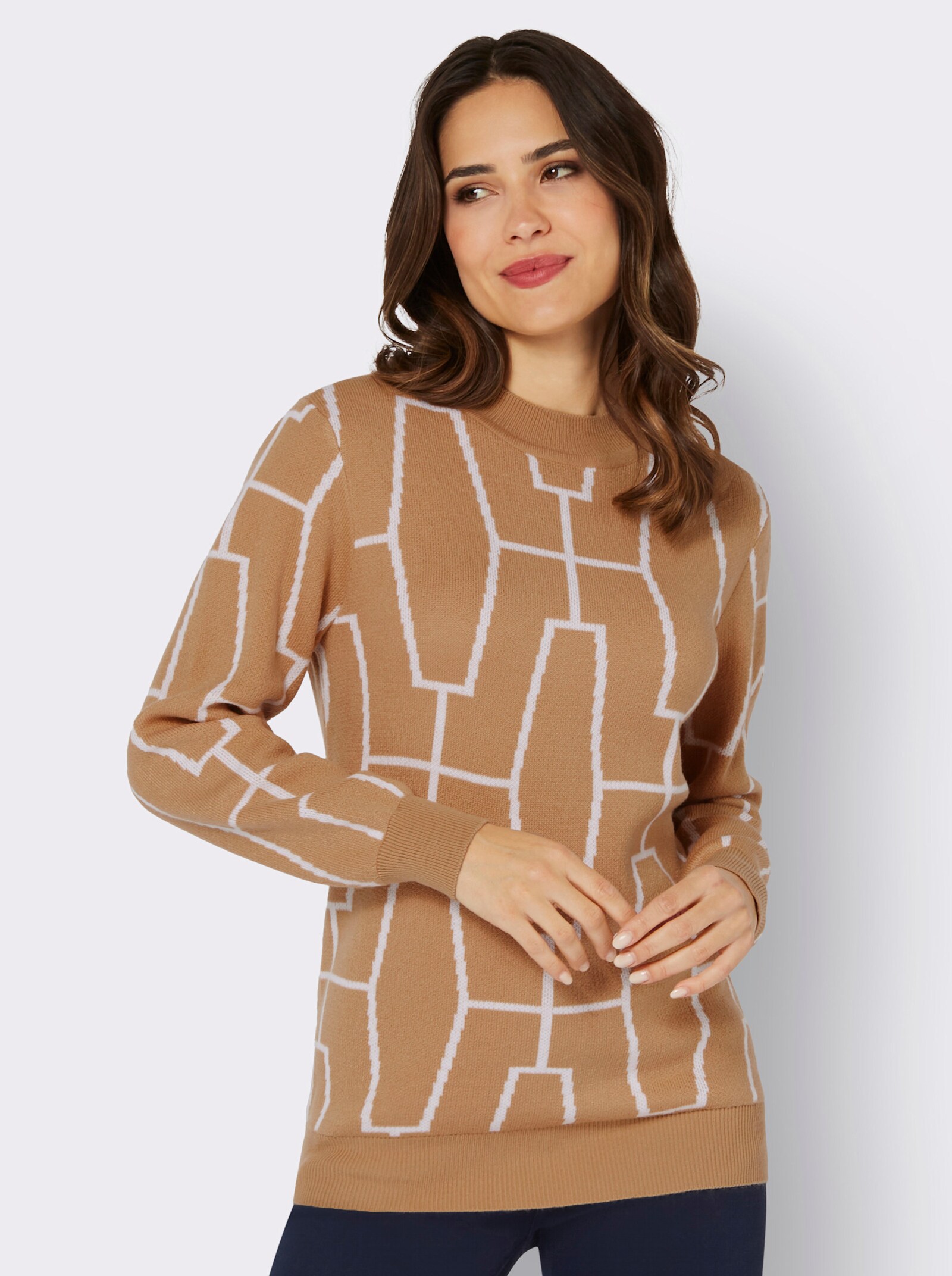 Svetr se stojáčkem a žakárovým vzorem - velbloudí-bílá-vzor