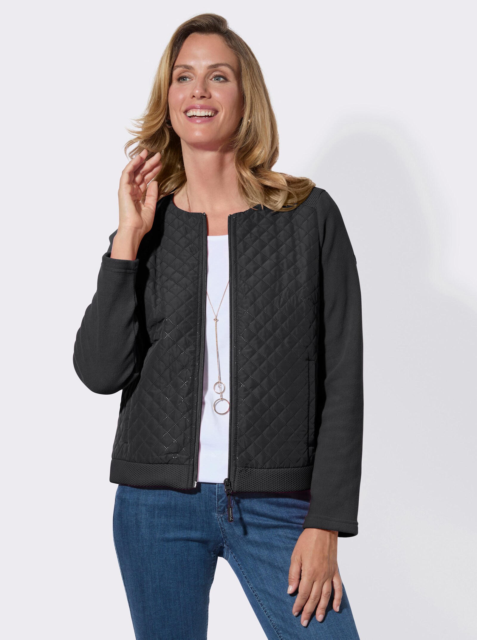 Fleecejacke mit Steppmuster-Einsätzen - schwarz