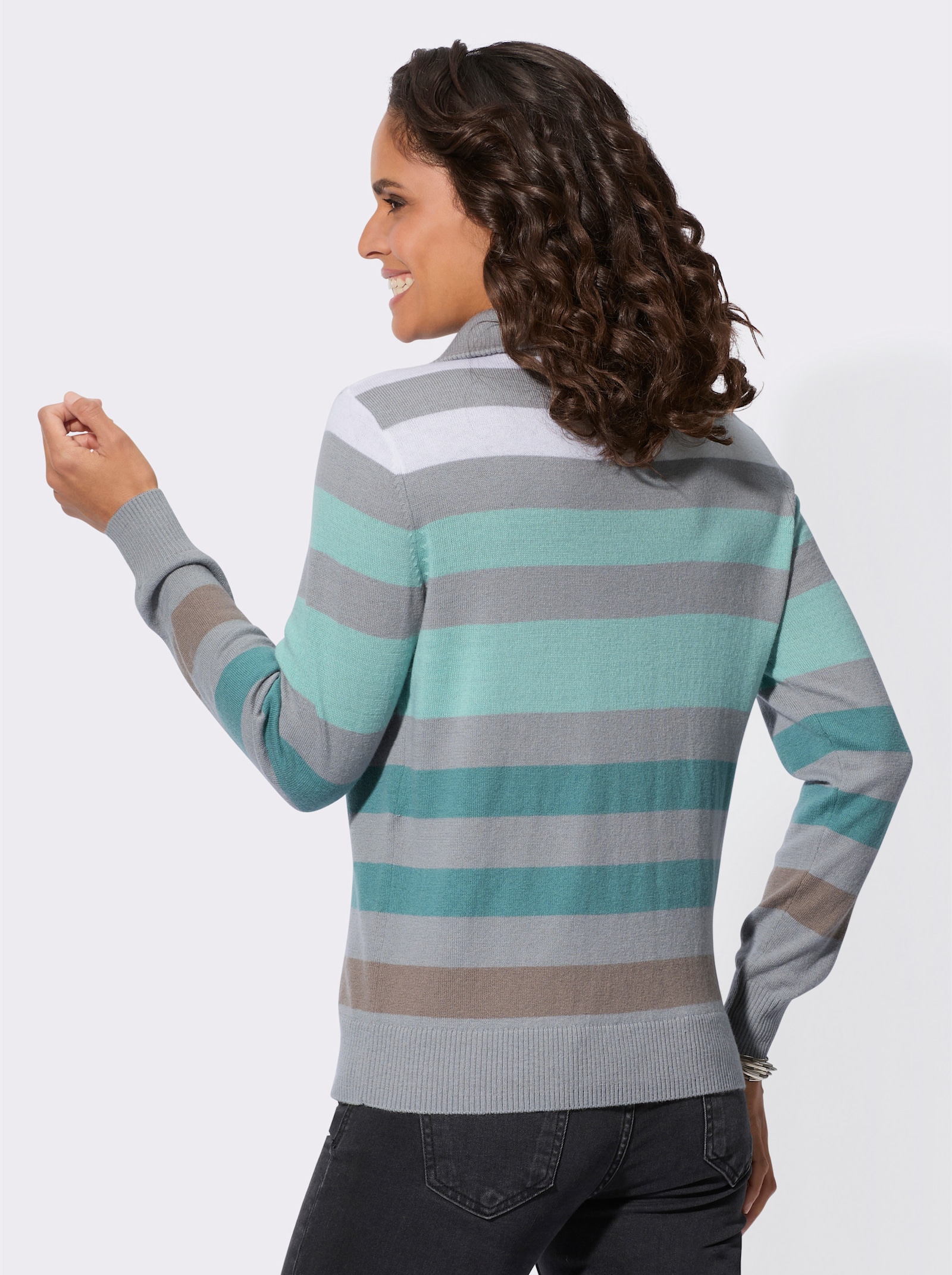 Langarm-Pullover mit 50% Wolle - steingrau-jade-gestreift