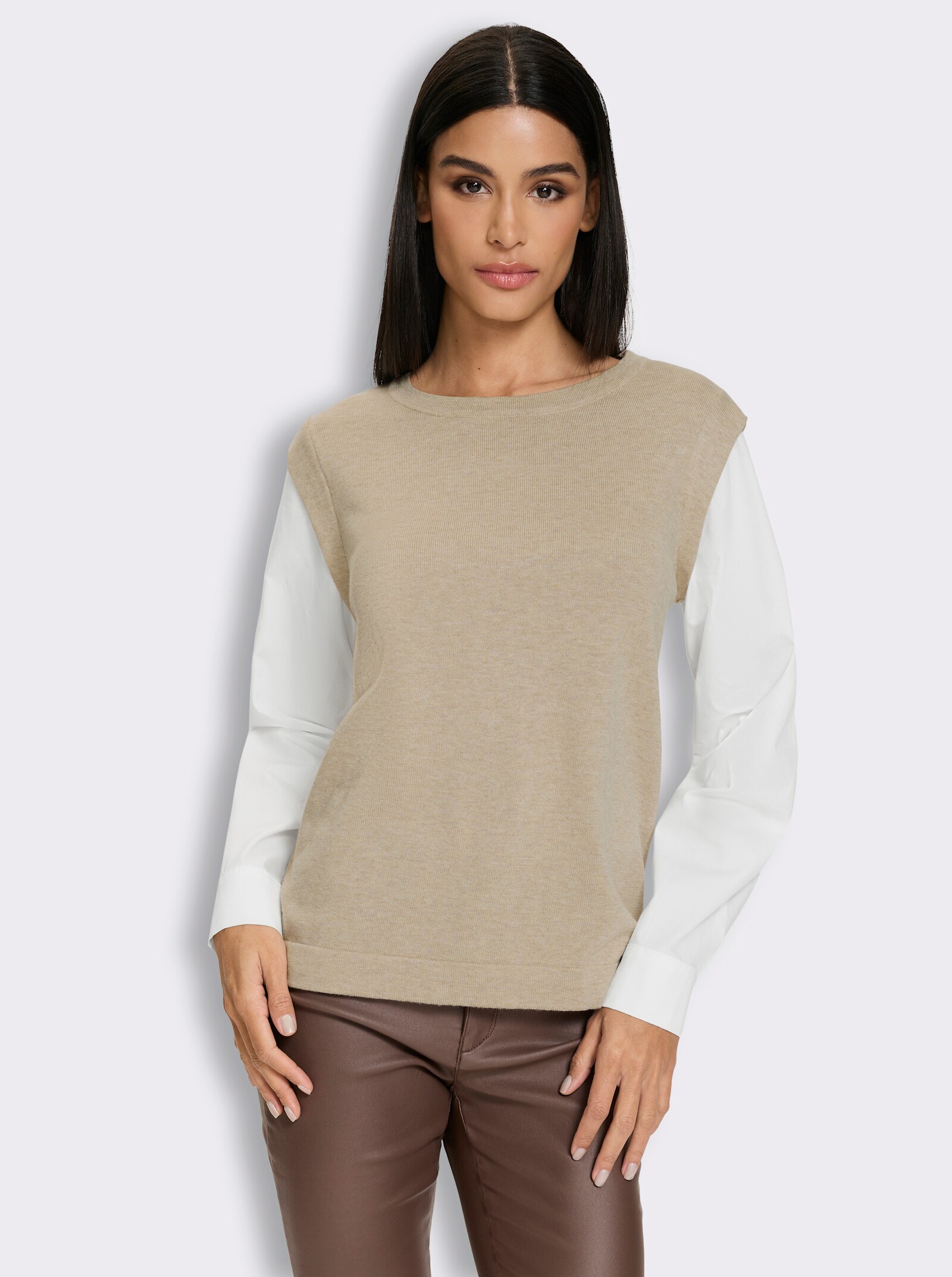 heine Langarm-Pullover mit Logo-Stickerei - beige-ecru-meliert