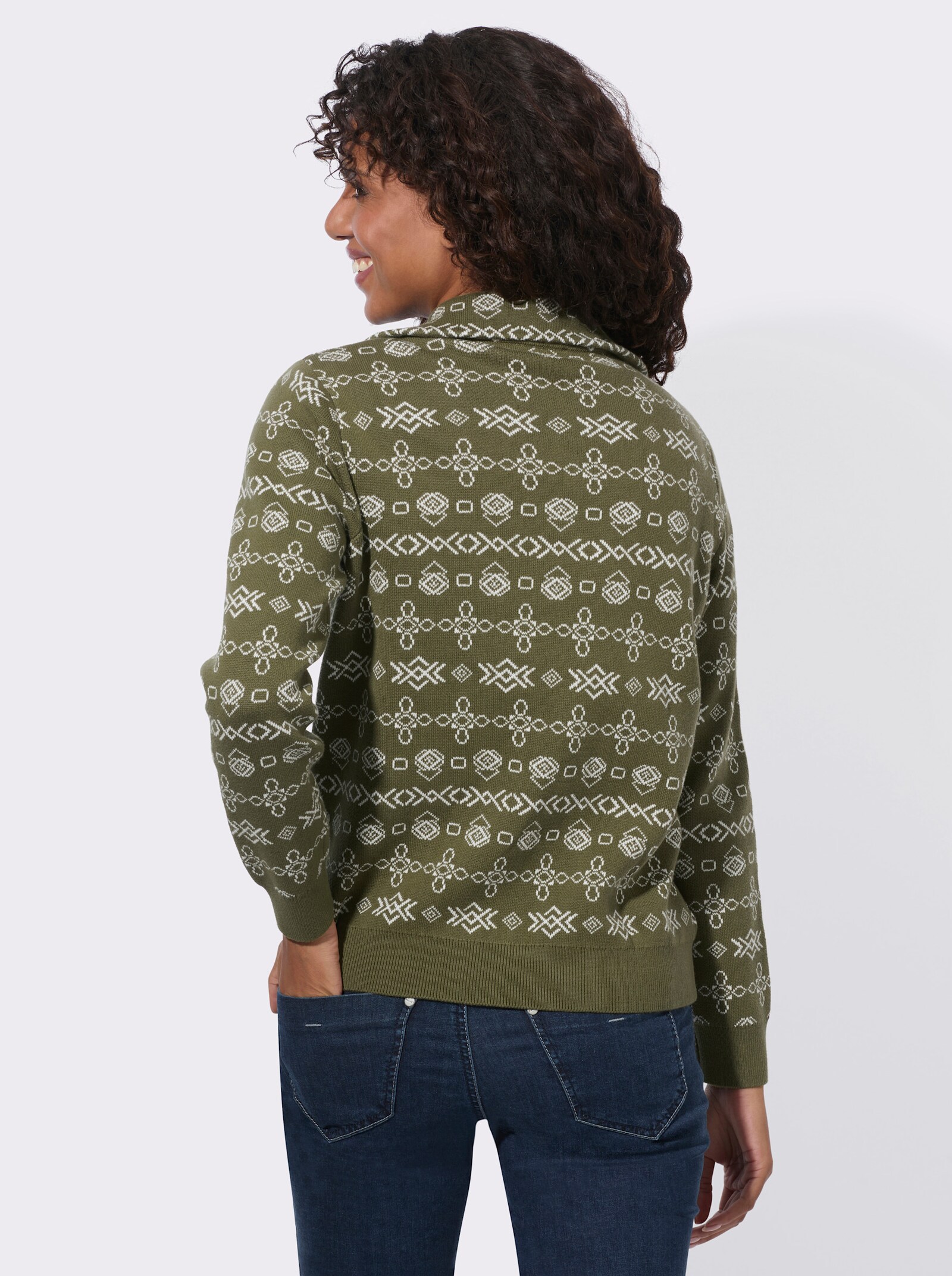 Jacquard-Pullover mit geripptem Saum - oliv-ecru-gemustert