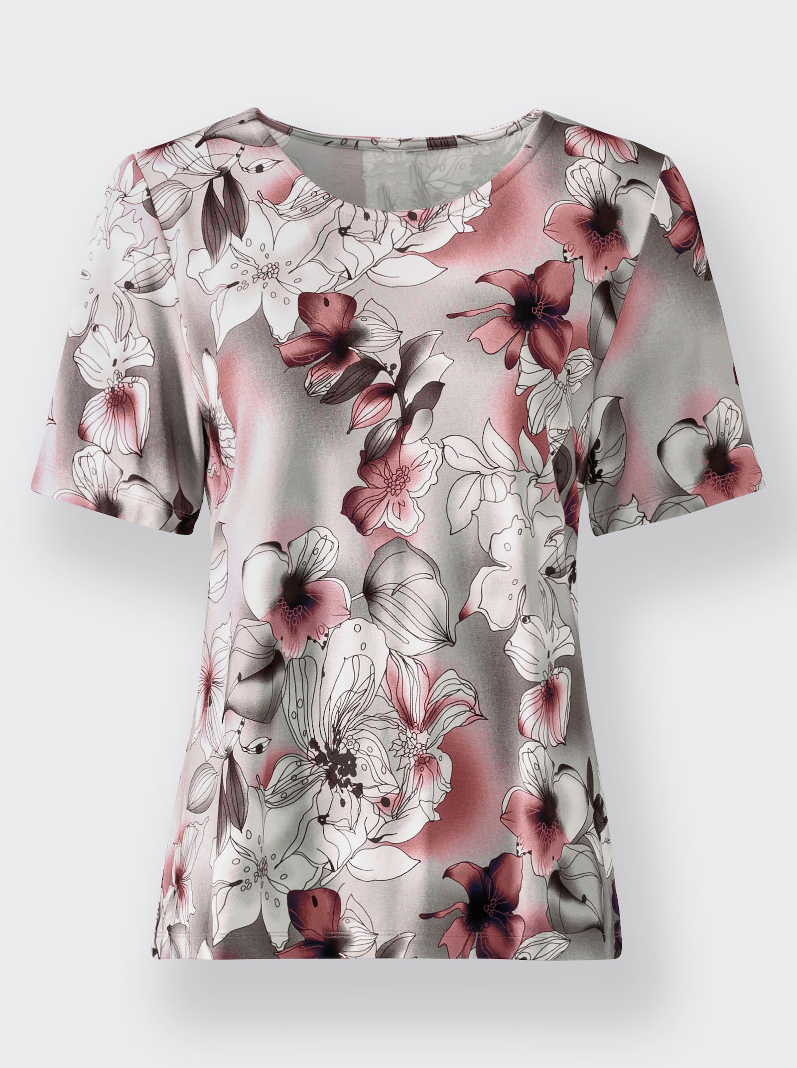 Kurzarmshirt in Viskose-Qualität - hortensie-steingrau-bedruckt