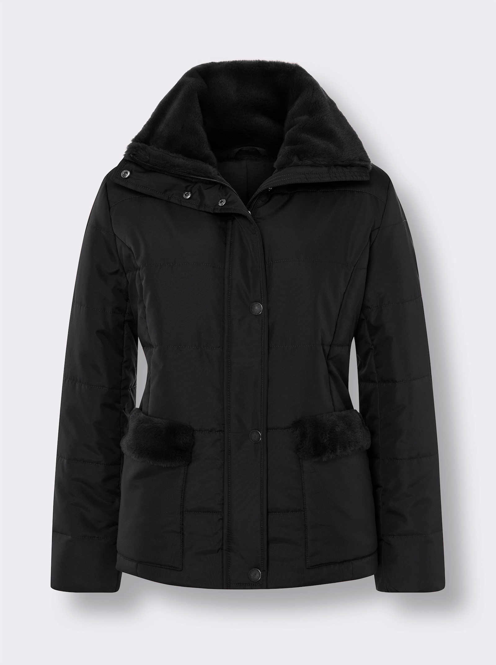 Steppjacke mit Pelz-Imitat-Details - schwarz