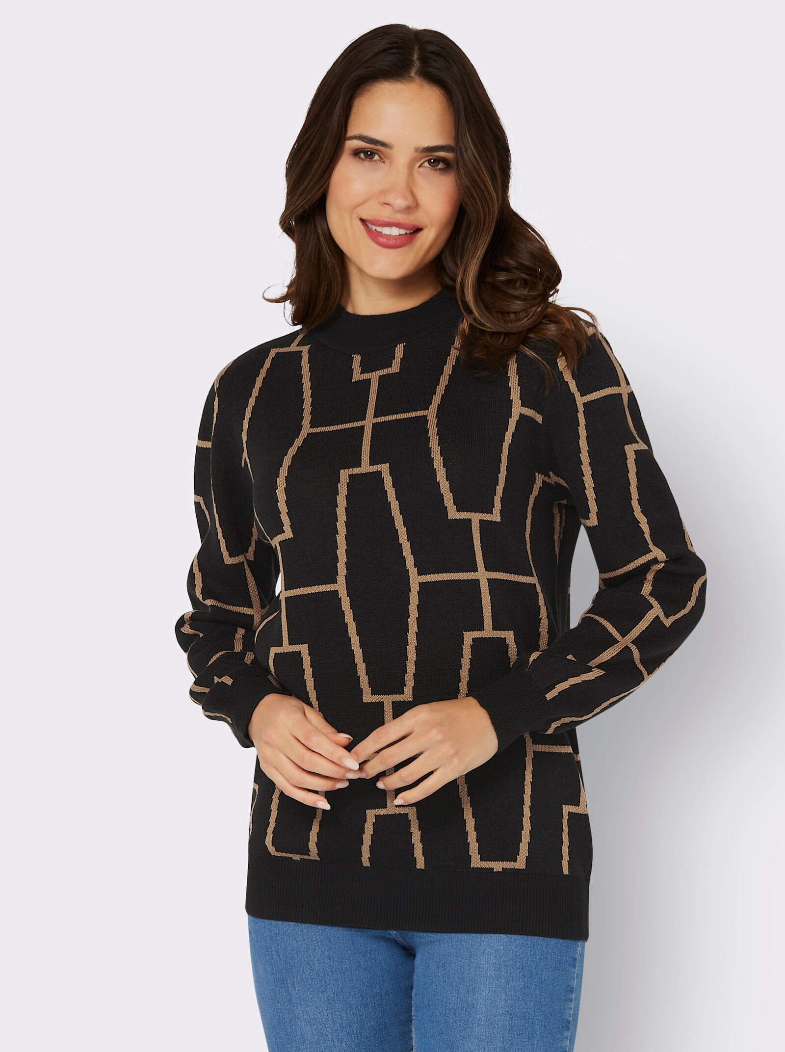 Svetr se stojáčkem a žakárovým vzorem - černá-velbloudí-vzor