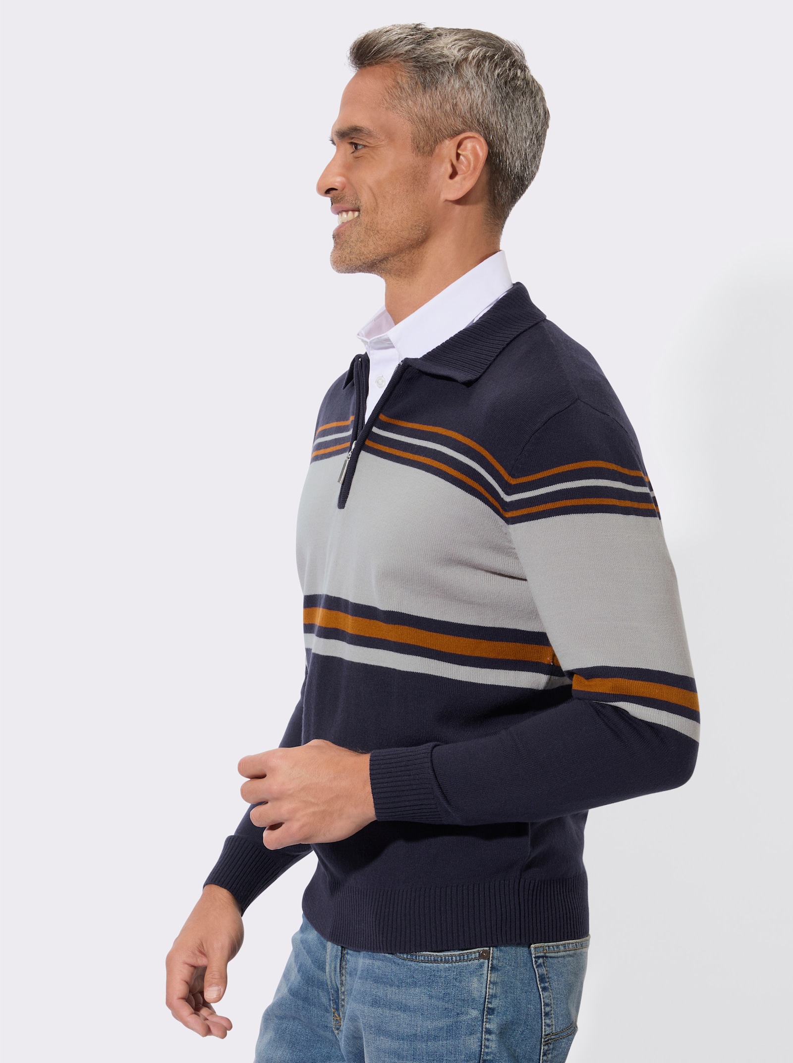 Polopullover met op dessin geplaatst streeppatroon - marine/steengrijs