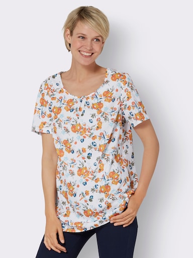 Longbluse - weiss-papaya-bedruckt