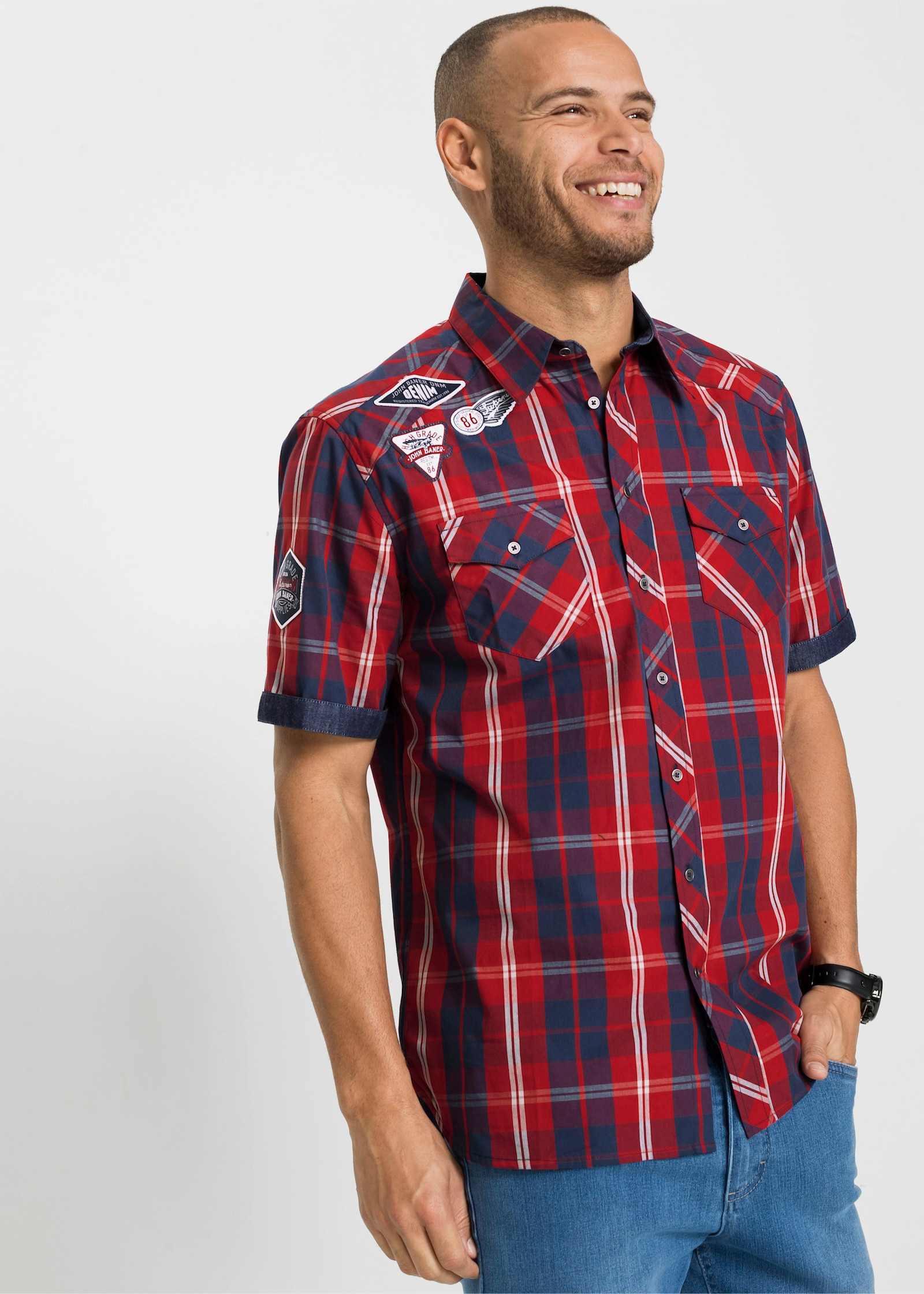 Catamaran Kurzarmhemd mit dekorativen Patches - dunkelblau-rot-kariert