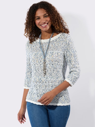 Ajour-Pullover - ecru-rauchblau-gemustert