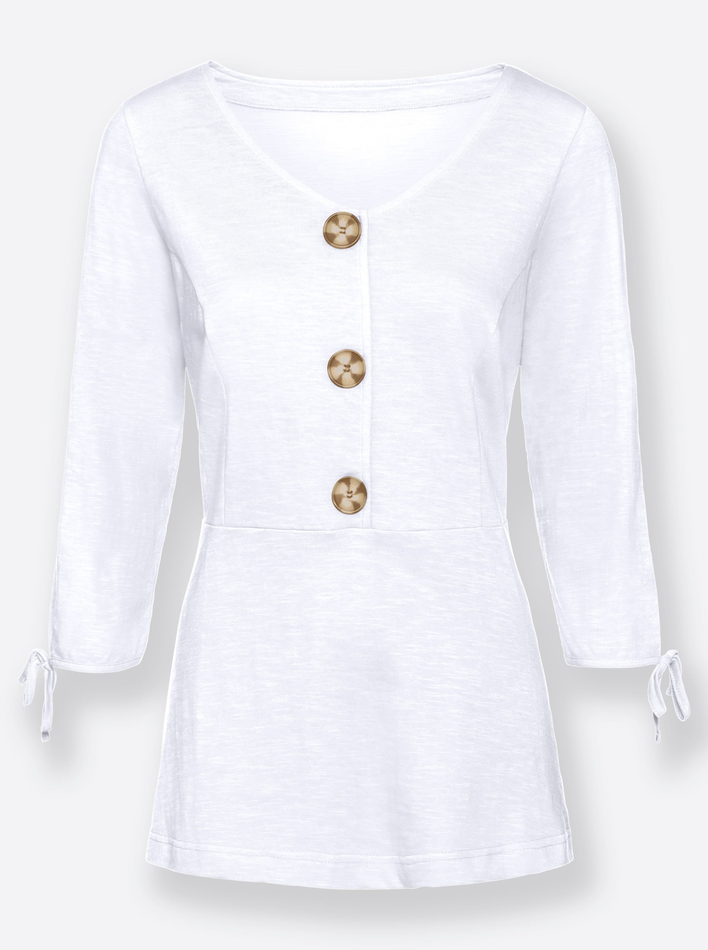 Abschluss günstig Kaufen-3/4-Arm-Shirt in weiß von heine. 3/4-Arm-Shirt in weiß von heine <![CDATA[Der Hingucker bei diesem Shirt in Flammgarn-Qualität sind die großen Zierknöpfe in Horn-Optik. 3/4-Ärmel mit Bindebändchen am Abschluss. Schmeichelnde, ausgestellte F