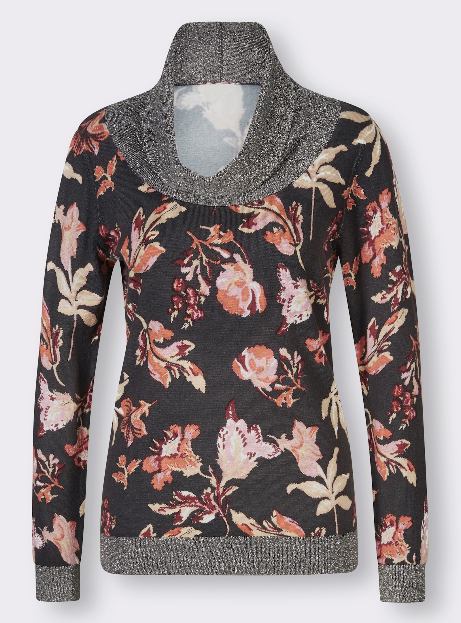 Rollkragenpullover mit goldfarbenem Garn - anthrazit-bedruckt