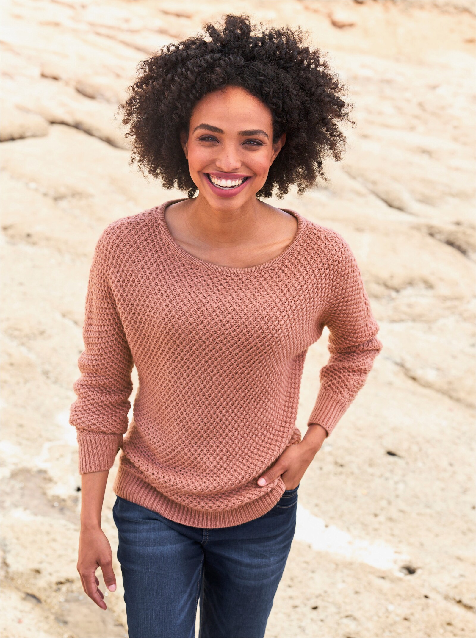 heine Langarm-Pullover mit Wabenmuster - rosenholz