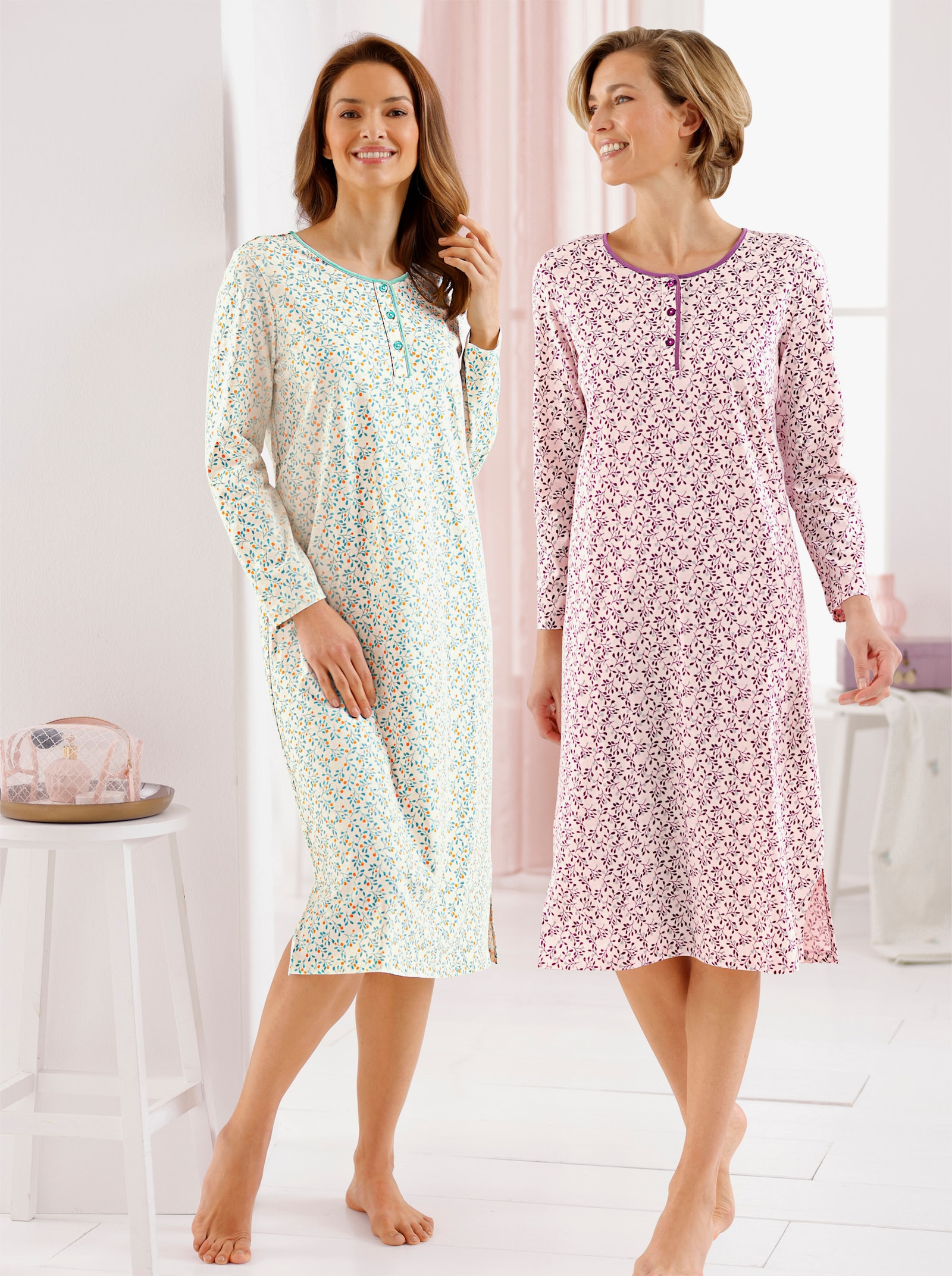 wäschepur Nachthemden mit Seitenschlitzen - champagner-bedruckt + hellrosé-bedruckt