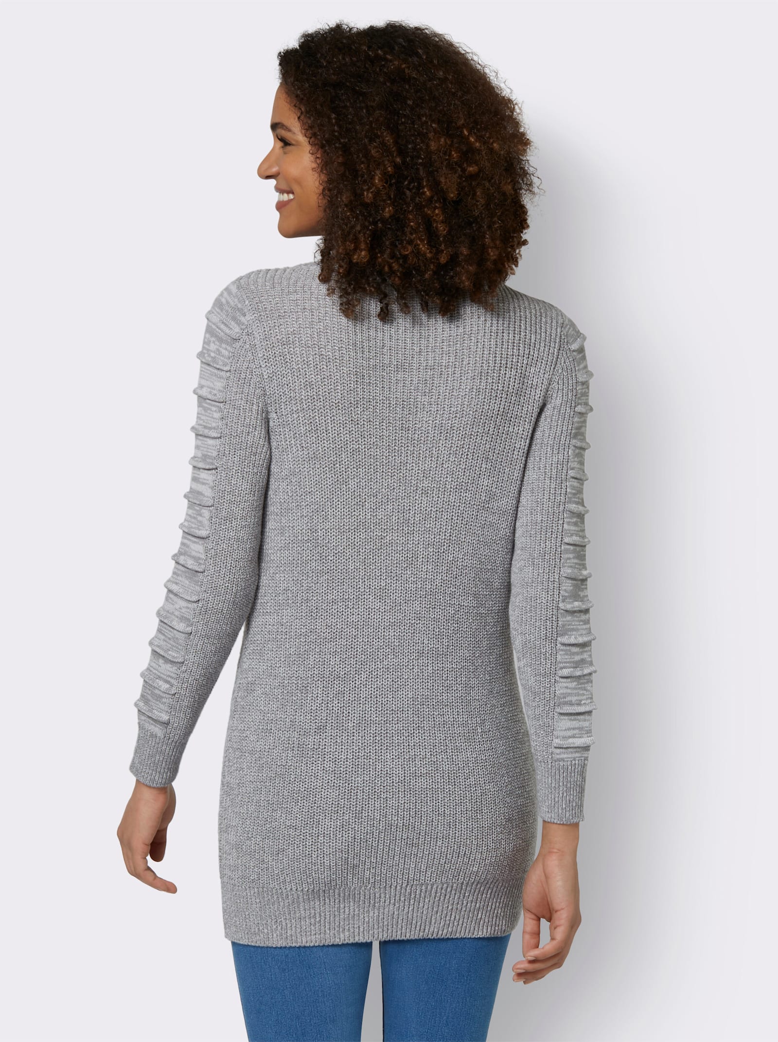 Longpullover mit Struktur-Partien - steingrau-weiß-meliert