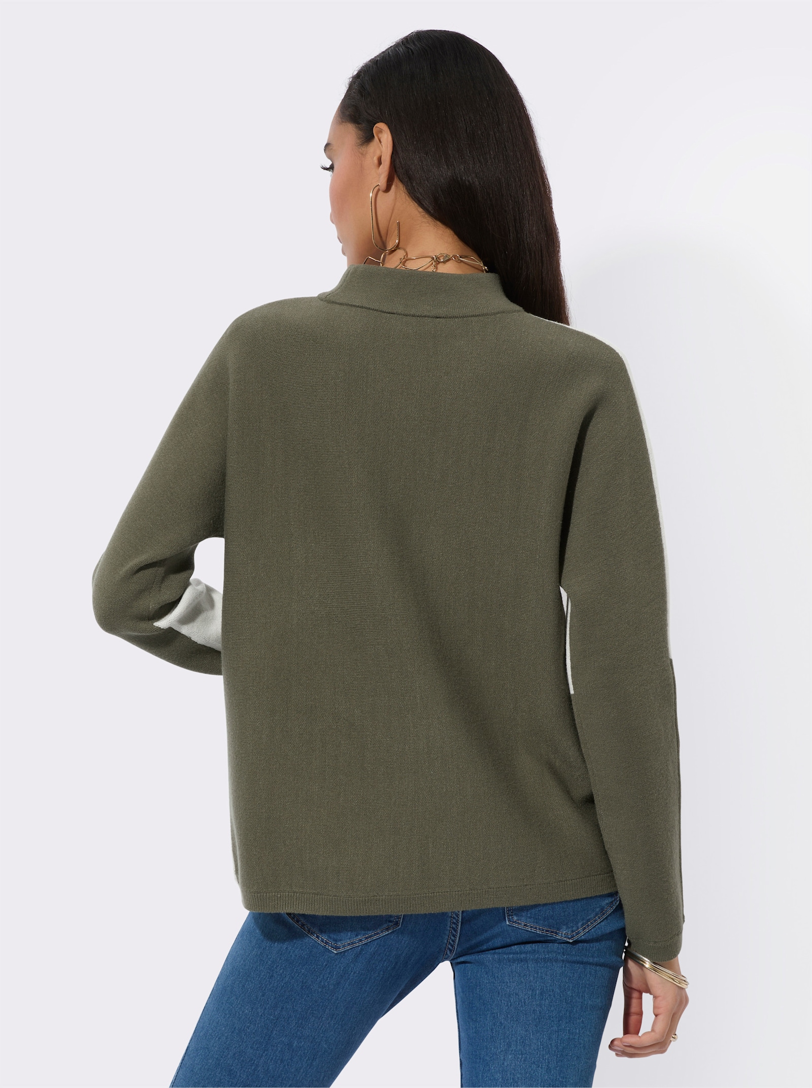 Pull jacquard, dos uni - kaki-écru à motifs