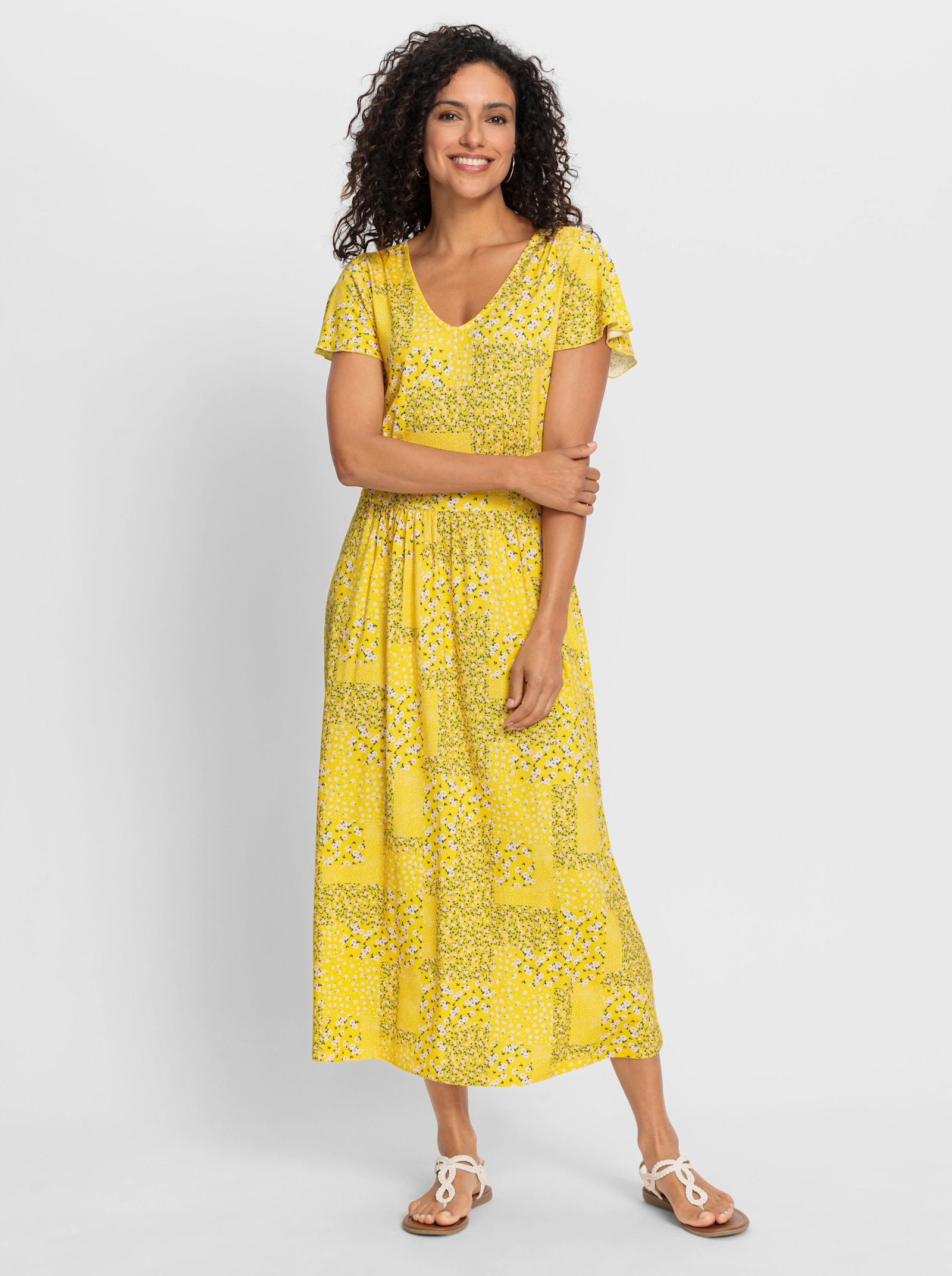 Jerseykleid mit Flügel-Ärmeln - sonnengelb-champagner-bedruckt