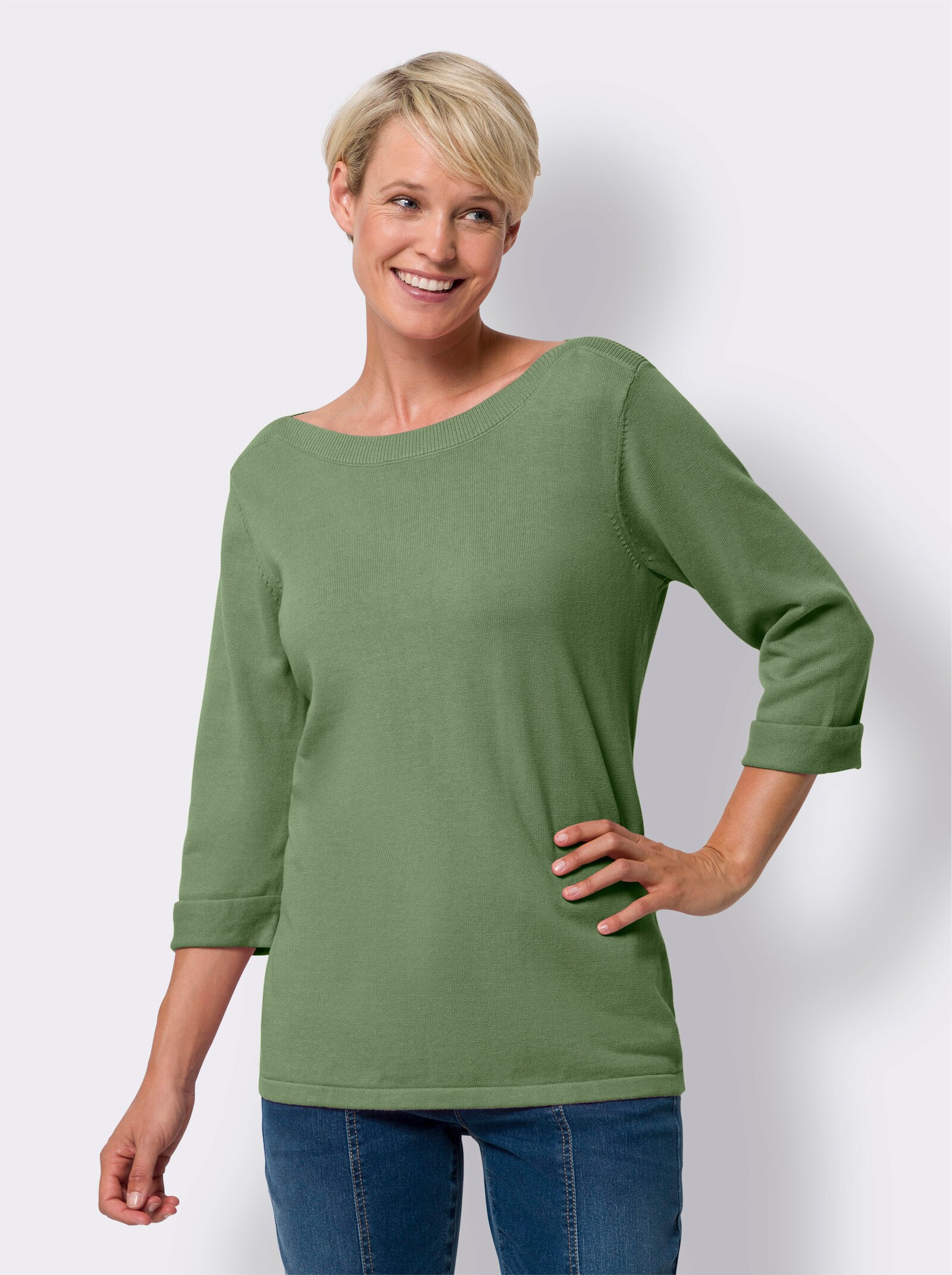 Pullover met 3/4-mouwen en ribinzetten - eucalyptus