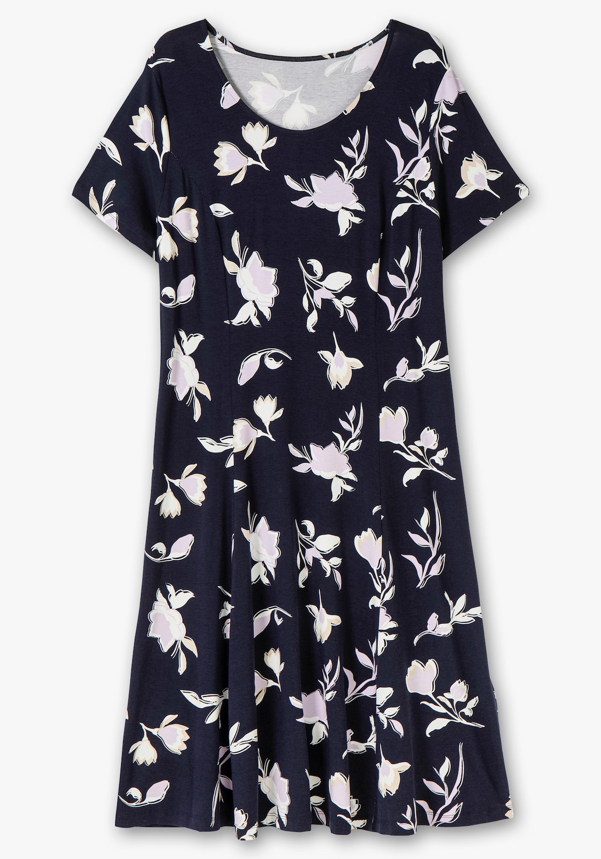 Jerseykleid in A-Form - marine-flieder-bedruckt