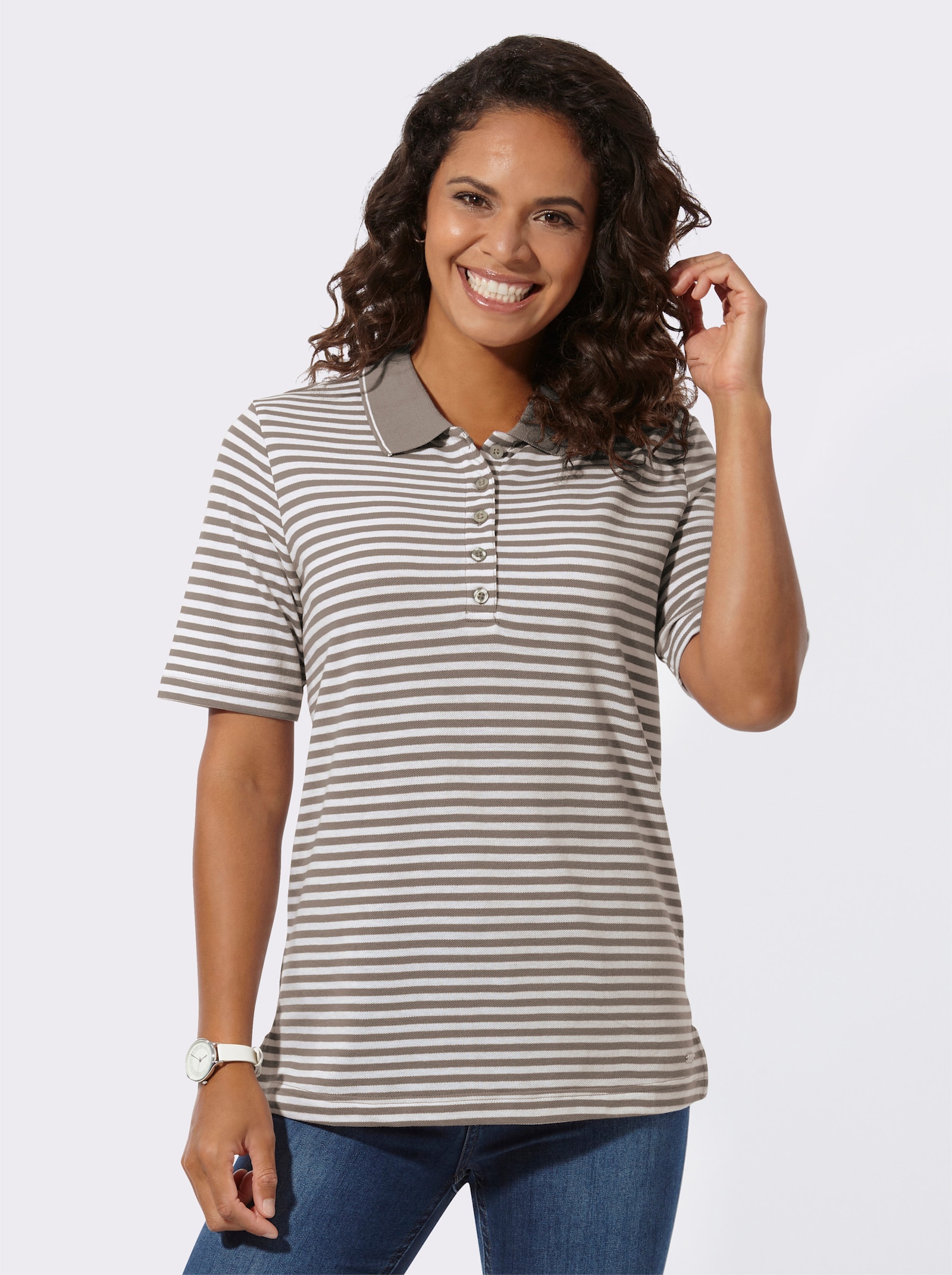 Poloshirt mit Polokragen - taupe-weiß-geringelt