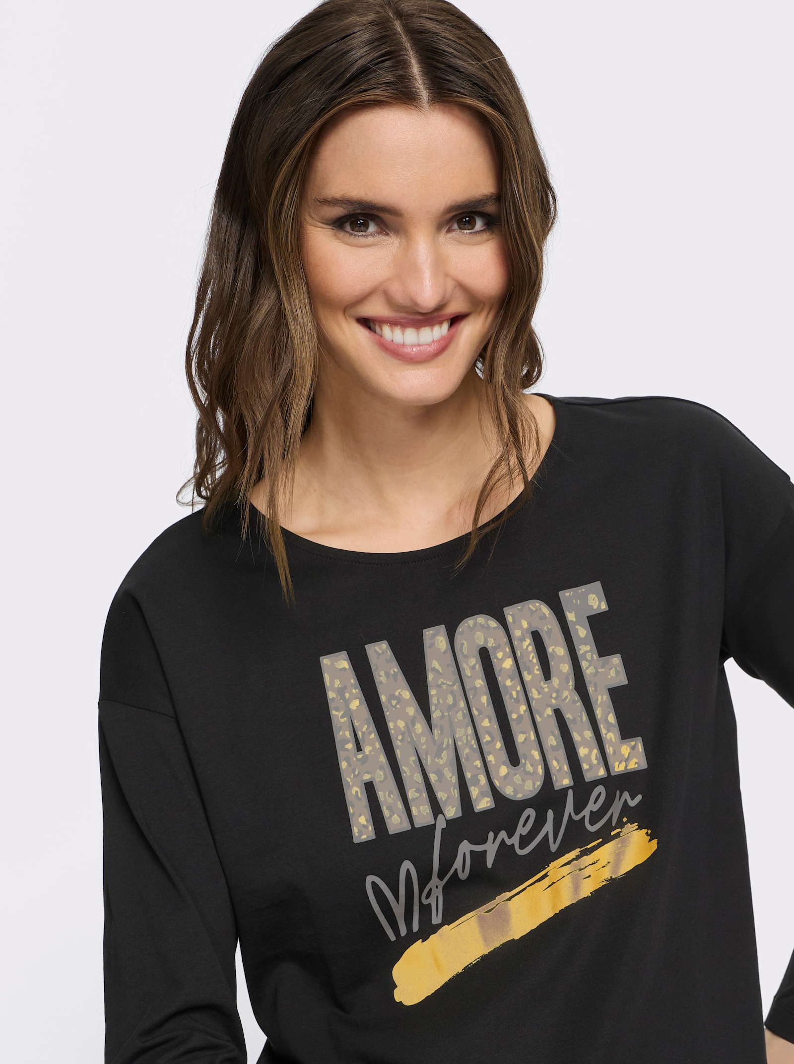 Langarmshirt mit goldfarbenem Amore-Print - schwarz-taupe