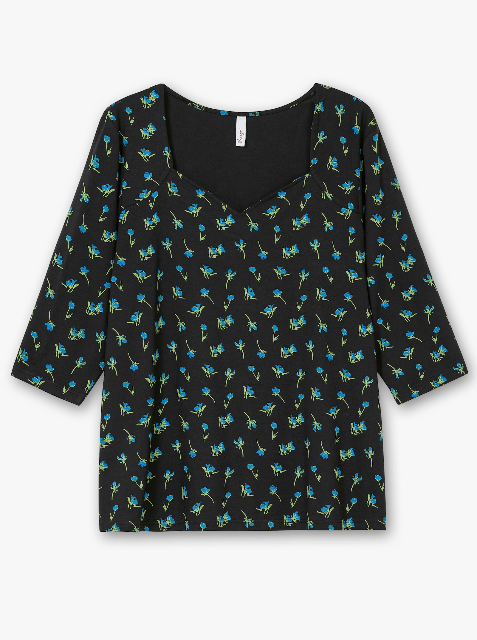 sheego T-Shirt mit Blumenprint und Herzausschnitt - schwarz-gemustert