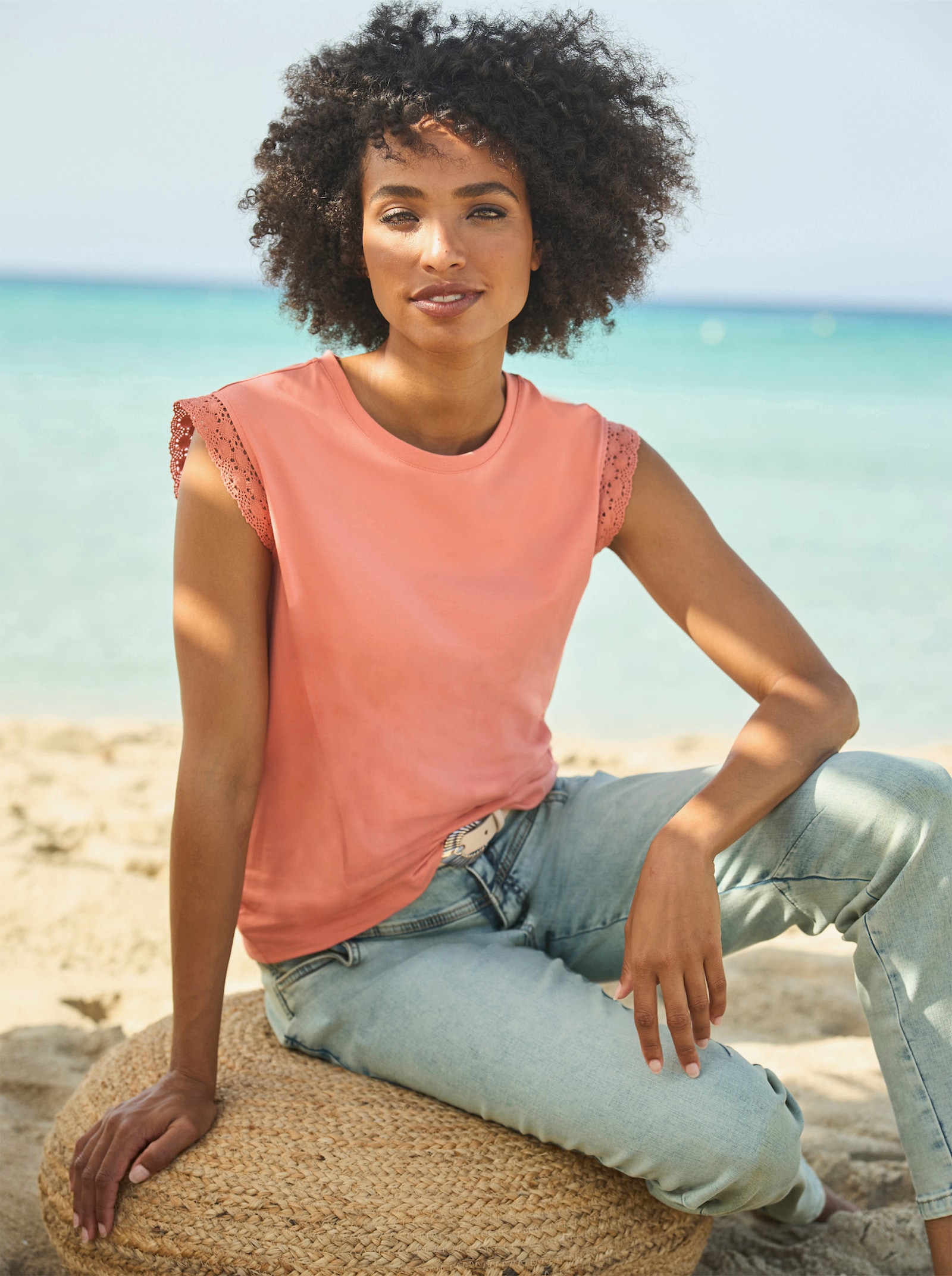 heine Shirt mit Spitzen-Besatz - papaya