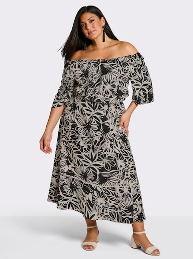 sheego Maxikleid mit floralem Alloverdruck - schwarz-sand-bedruckt