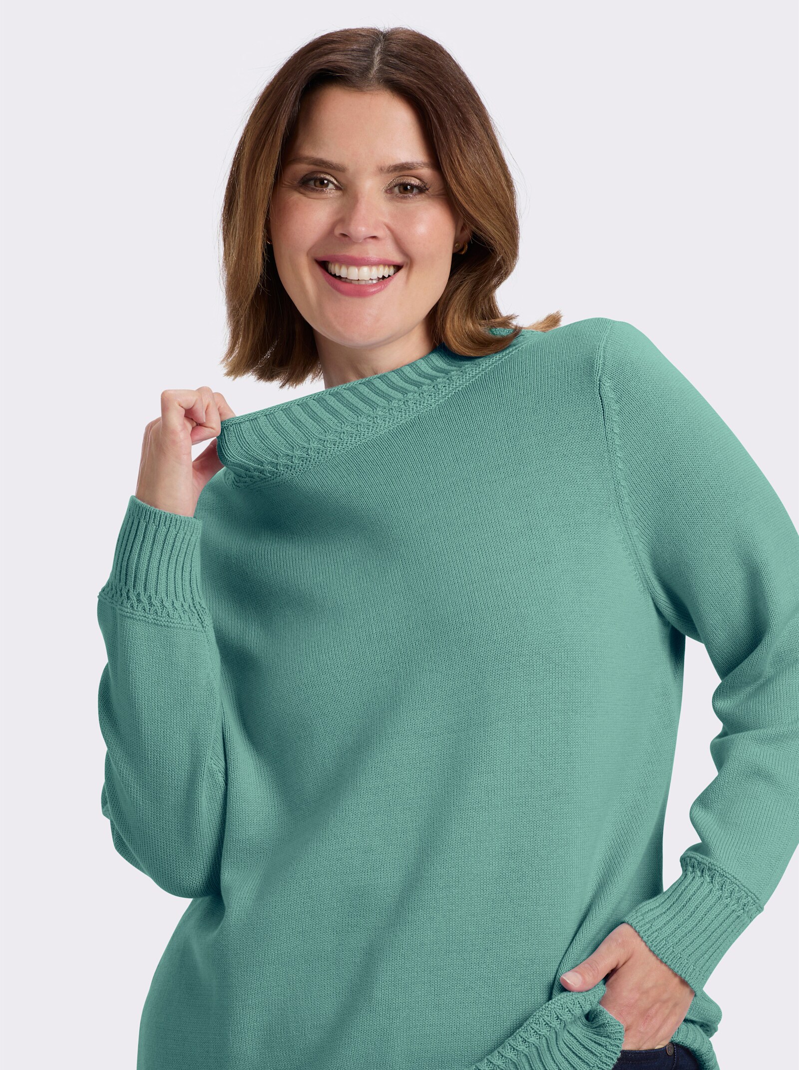 Stehkragenpullover mit Ripp-Abschlüssen - salbei