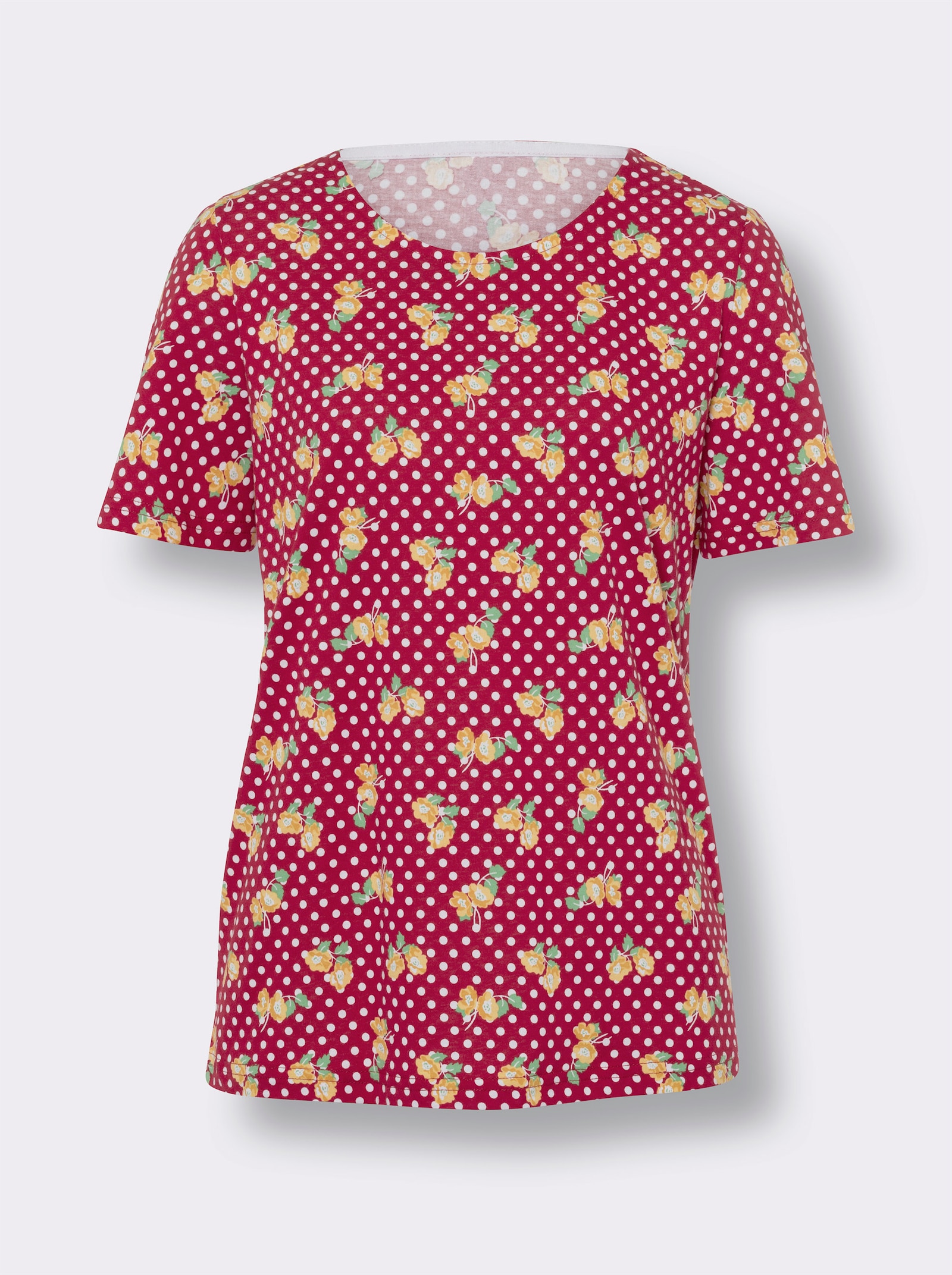 Kurzarmshirt aus reiner Baumwolle - rot-gelb-bedruckt