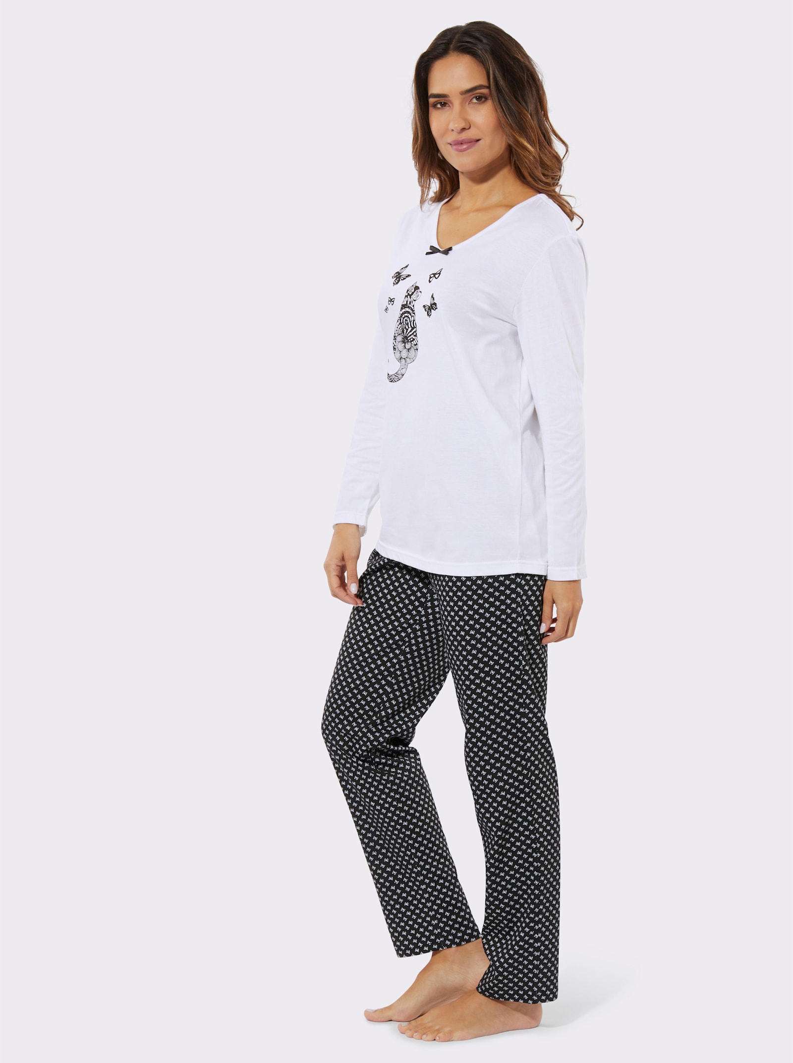 Pyžamo a kočičím motivem - bílá-černá-potisk