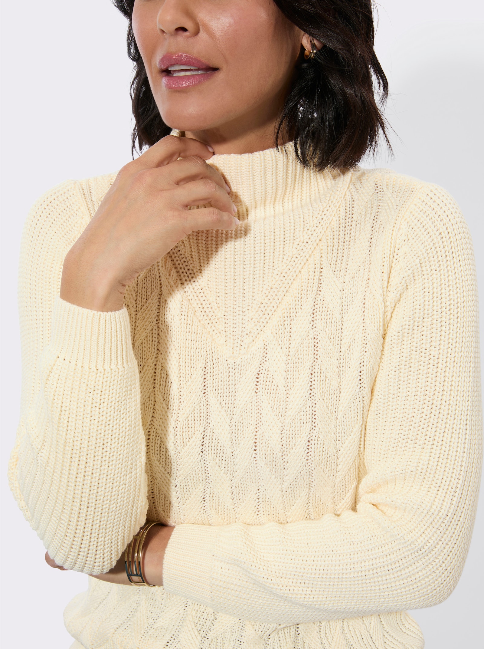 Langarm-Pullover mit Zopfmuster - champagner