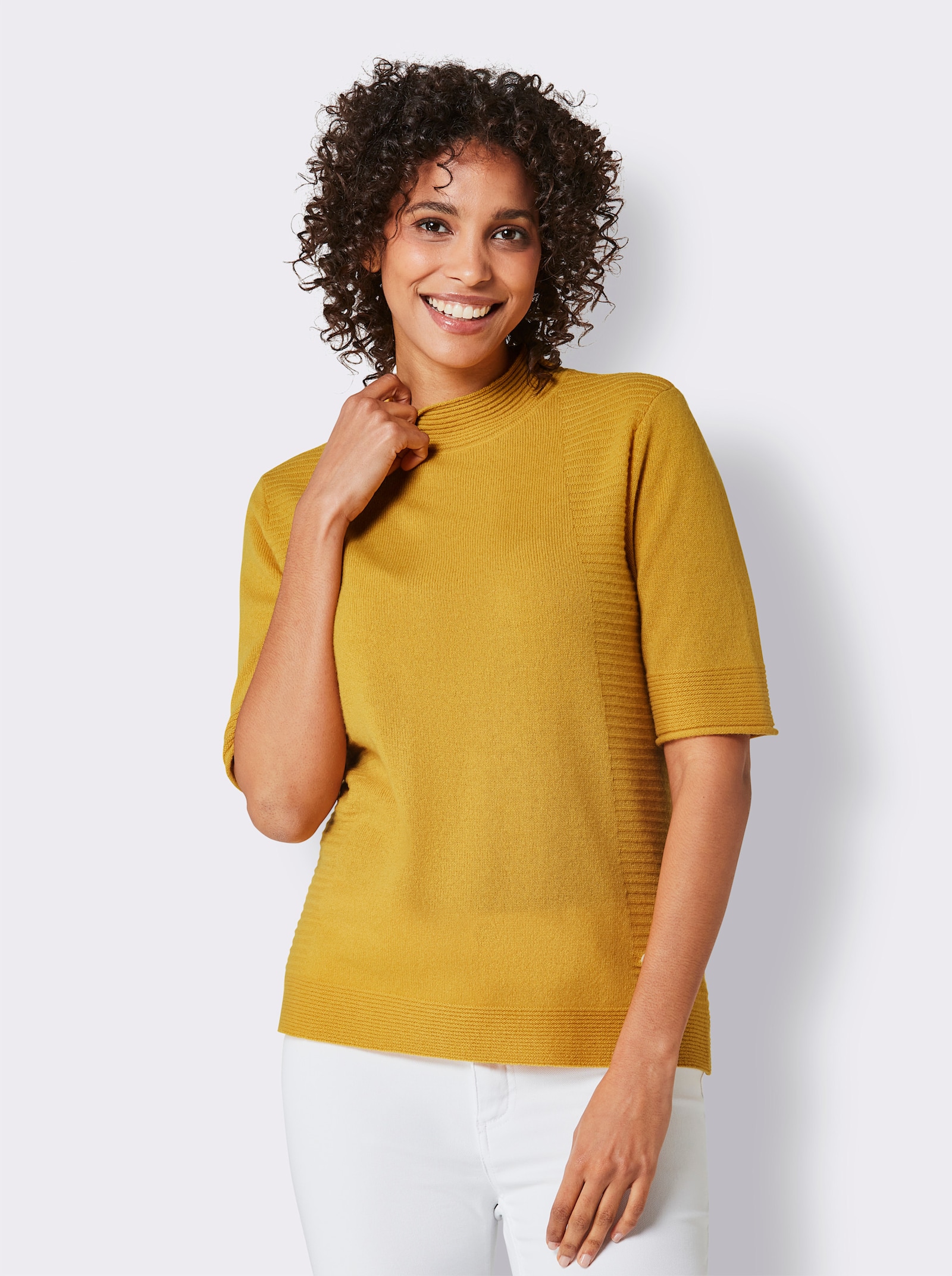 CREATION L PREMIUM Kaschmirpullover mit Stehkragen - ocker