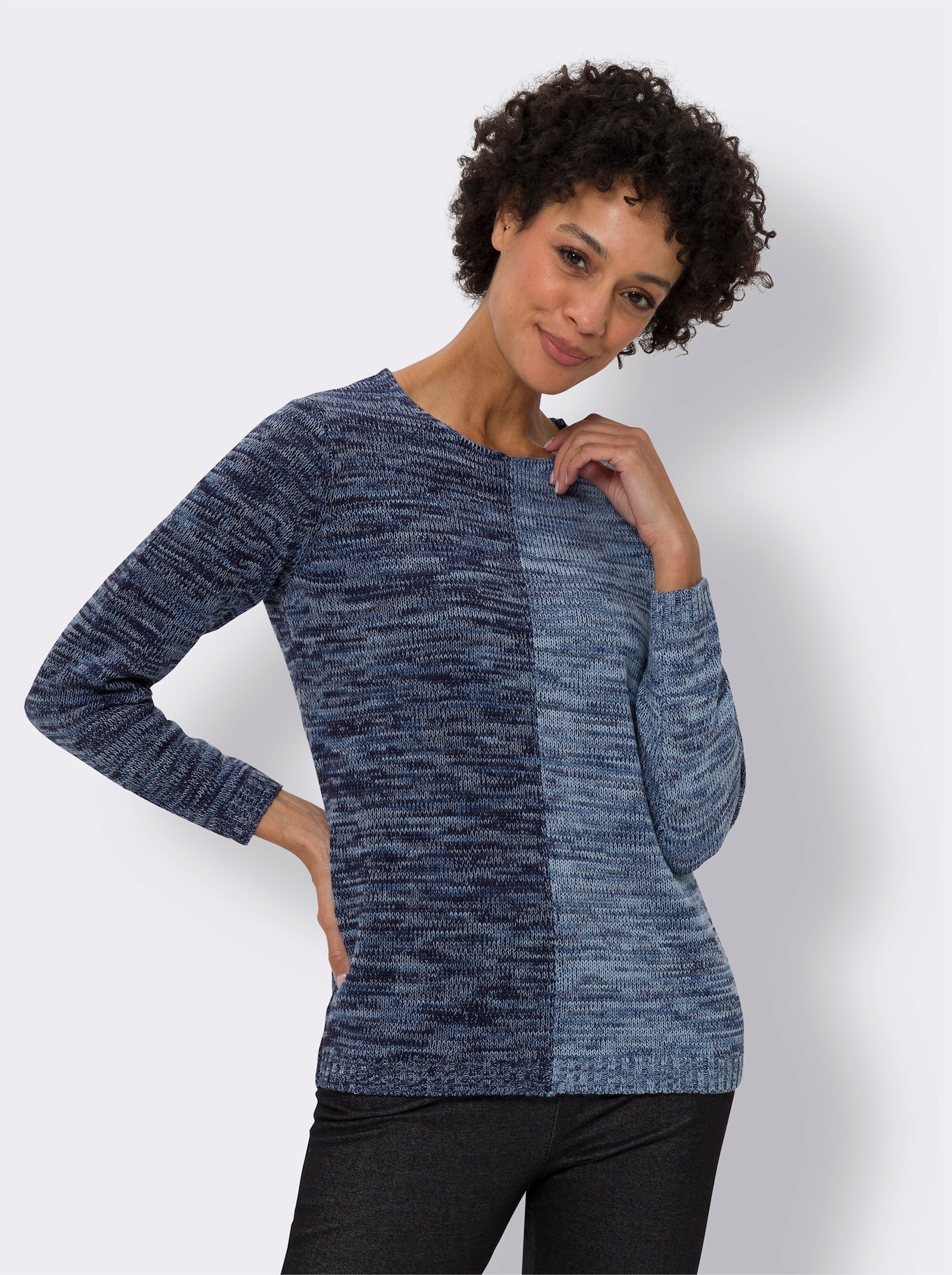 Langarm-Pullover im 2-farbigen Melange-Strick - marine-eisblau-meliert