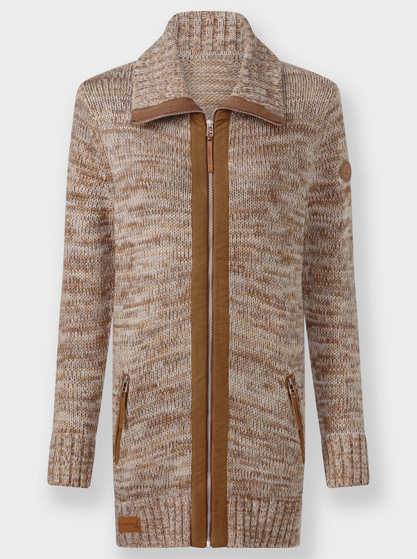 Longstrickjacke mit Troyerkragen - braun-ecru-meliert