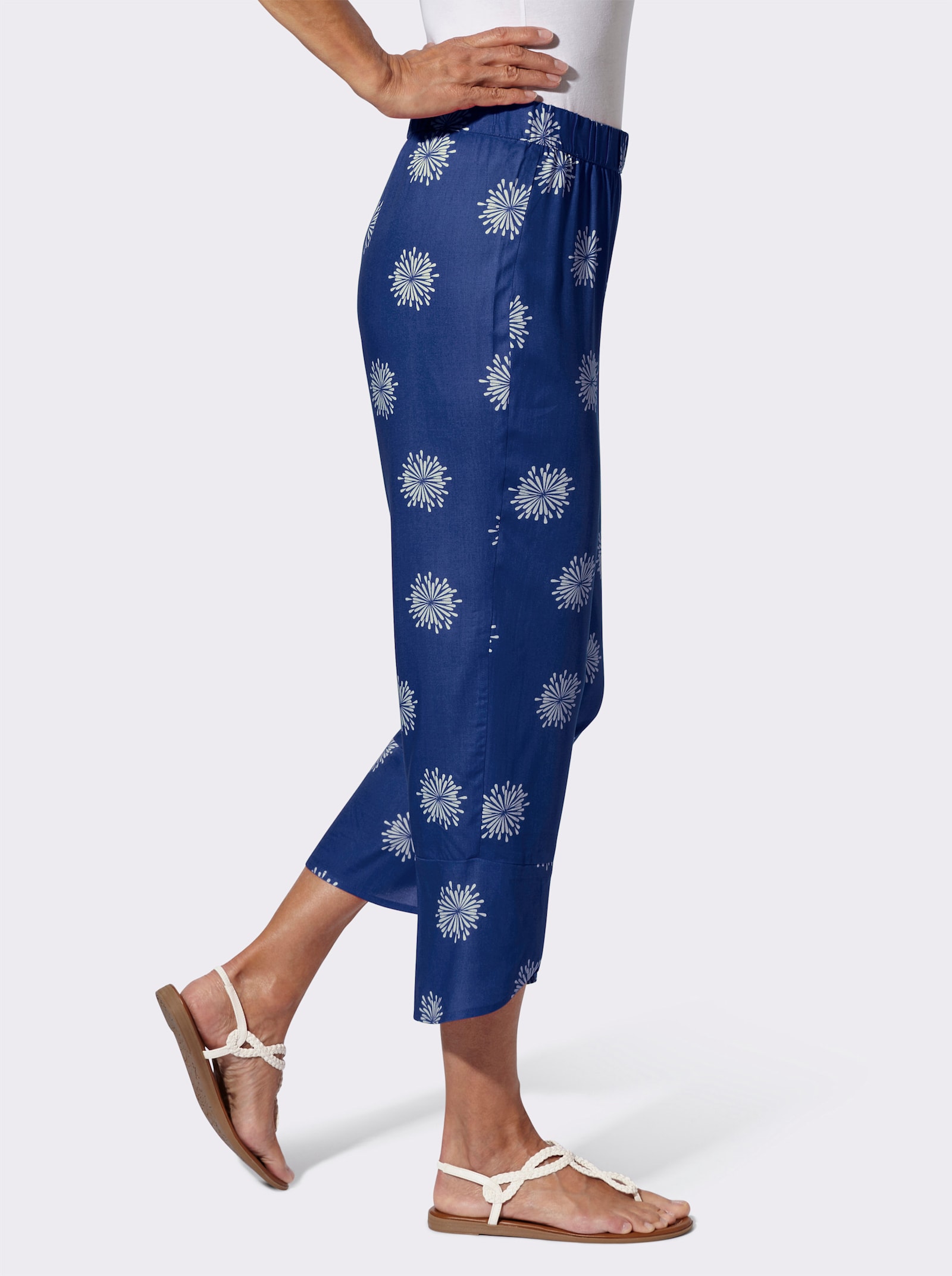 7/8 kalhoty s překříženým dolním lemem - královská modrá-bílá-potisk