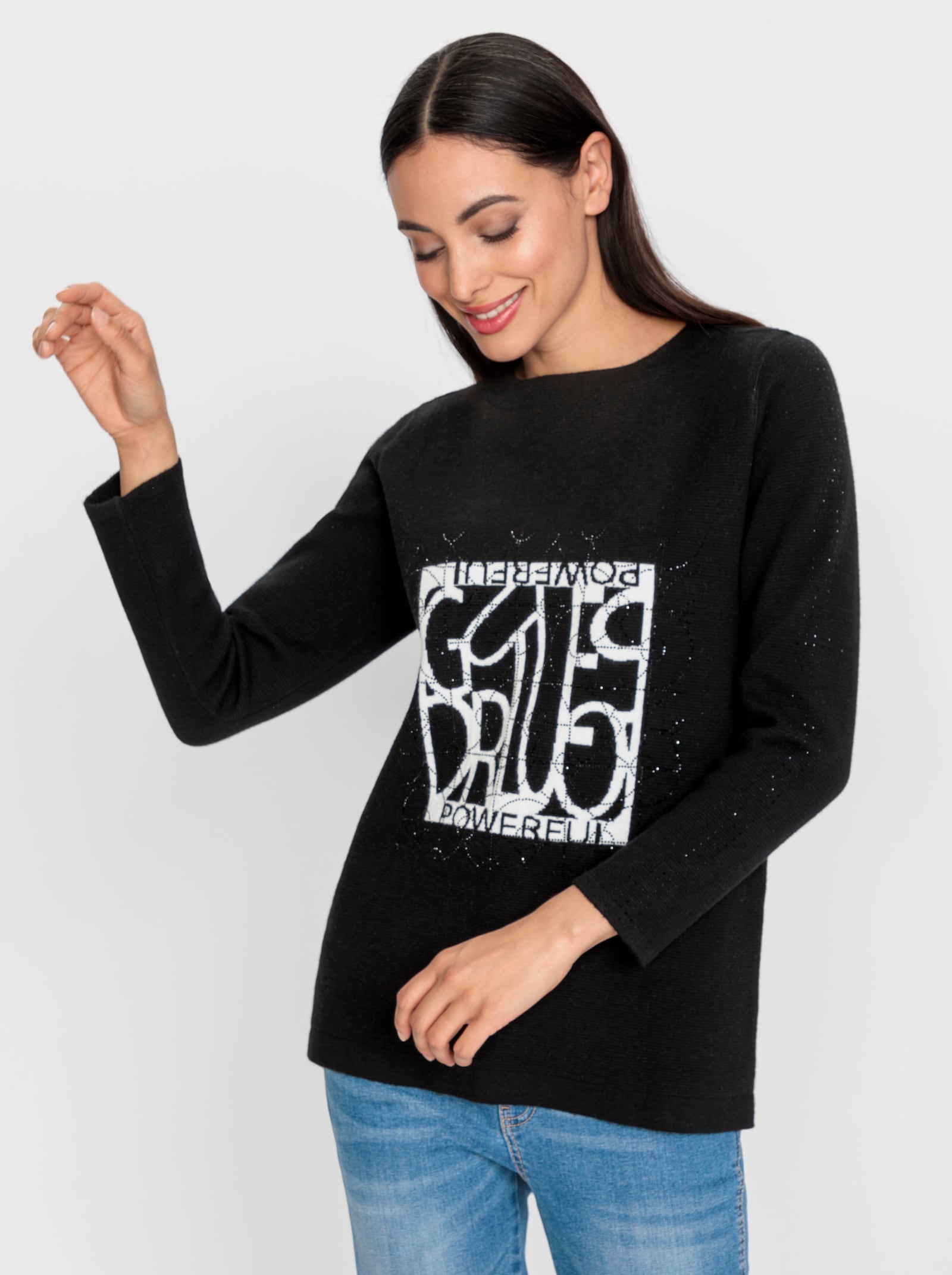 heine Jacquard-Pullover mit Ziersteinchen, weich - schwarz-ecru