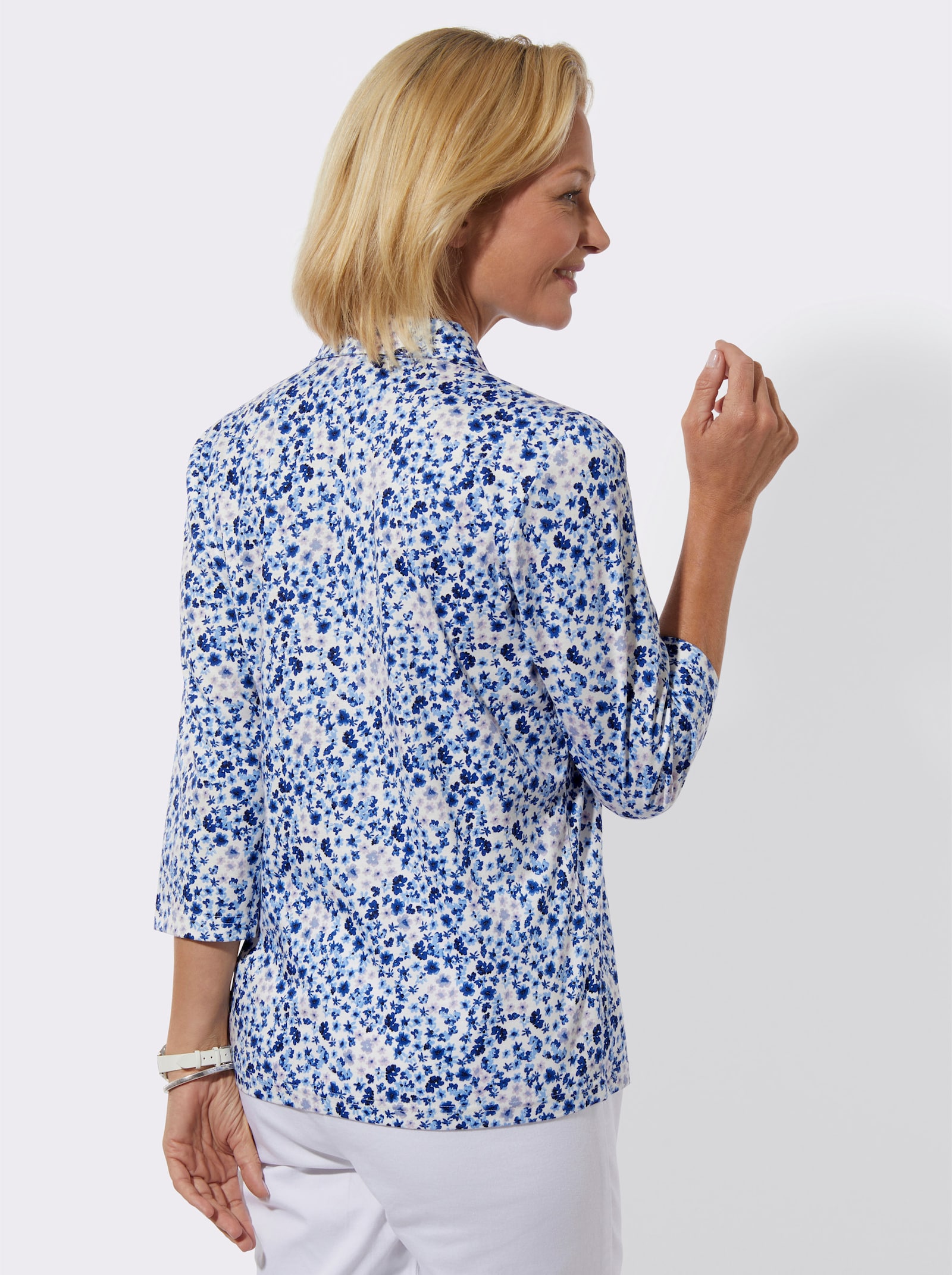 Poloshirt mit Glitzersteinchen - royalblau-ecru-bedruckt