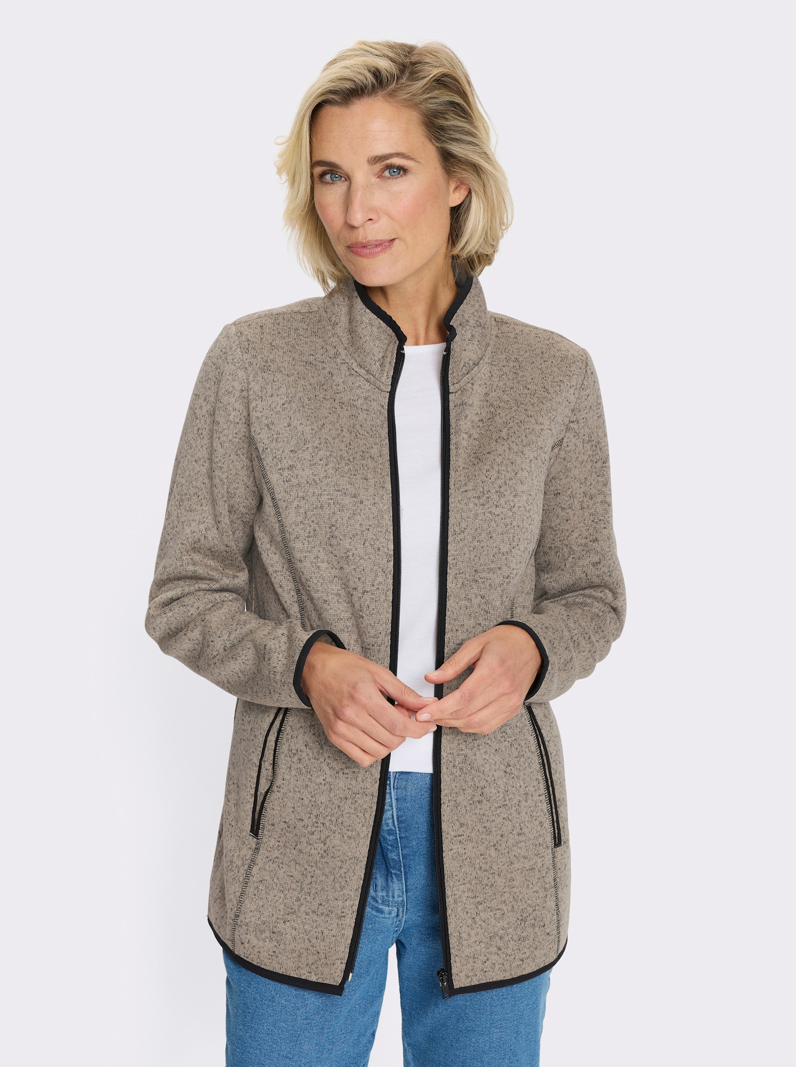 Gebreid fleecejack met elastische boorden met paspel - sesam/zwart gedessineerd